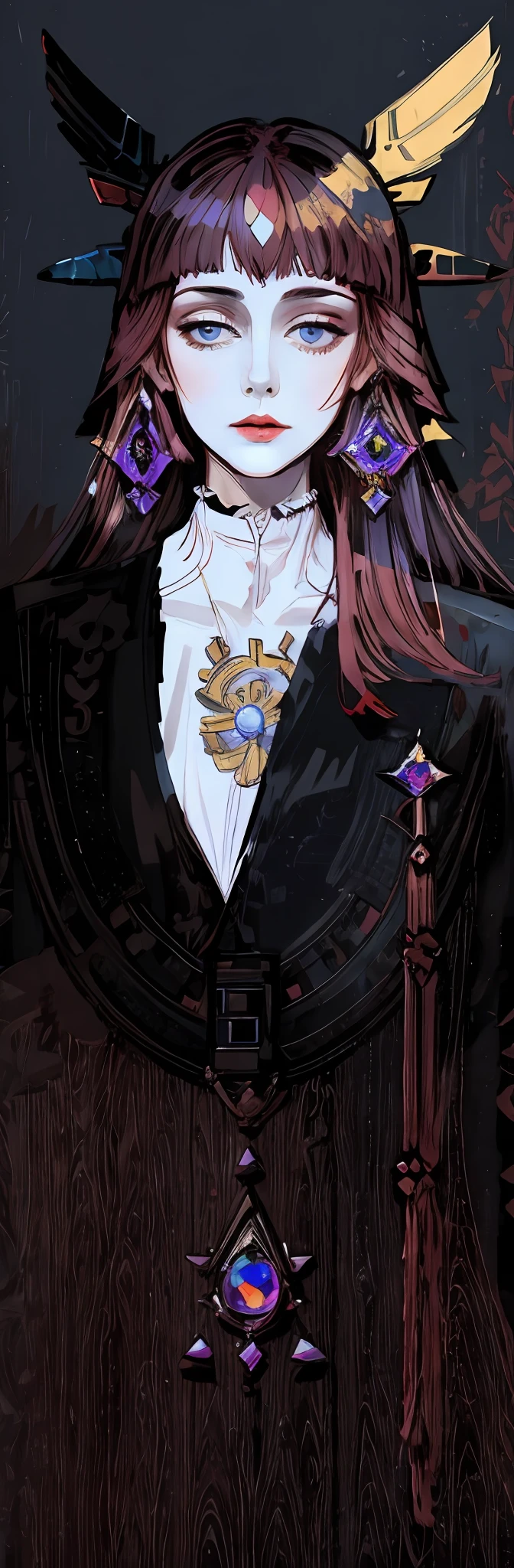 Close-up of a painting of a woman with a knife, Works by Harry Clarke, Inspired by Harry Clark, Inspired by Kay Nelson, author:Harry Clark, Inspired by Frances MacDonald, takato yamamoto aesthetic, author:Helen Dam, Inspired by Margaret MacDonald McIntosh, Inspired by Jan Tourop, author:Frances MacDonald, Yamamoto's takato's style, Beardsley