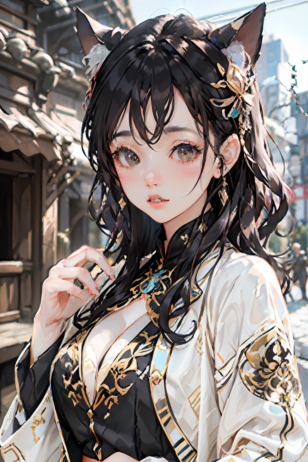 extremely detailed CG unity 8k wallpaper,(masterpiece),(best quality),(ultra detailed),(ultra realistic),(Best character details:1.36),nikon d750 f/1.4 55mm,dynamic angle,professional lighting, photon mapping, radiosity, physically-based rendering,
outdoors,busy street,looking at viewer,blush,
1girl,mature female,milf,tall body,golden proportions,(Kpop idol),(shiny skin:1.2),(oil skin:1.1),makeup,[:(high detailed face:1.2):0.2]:,PureErosFace_v1,
((wavy gray hair and a sophisticated sense of style)),(aegyo sal:1),(puffy eyes),(eyelashes:1.1),(parted lips:1.1),red lipstick,wide shoulders,(medium breasts:1.1),(cleavage:1.1),animal ears,(big ass:1.2),thighhighs,
 silk coat, song, song Dynasty, song clothing