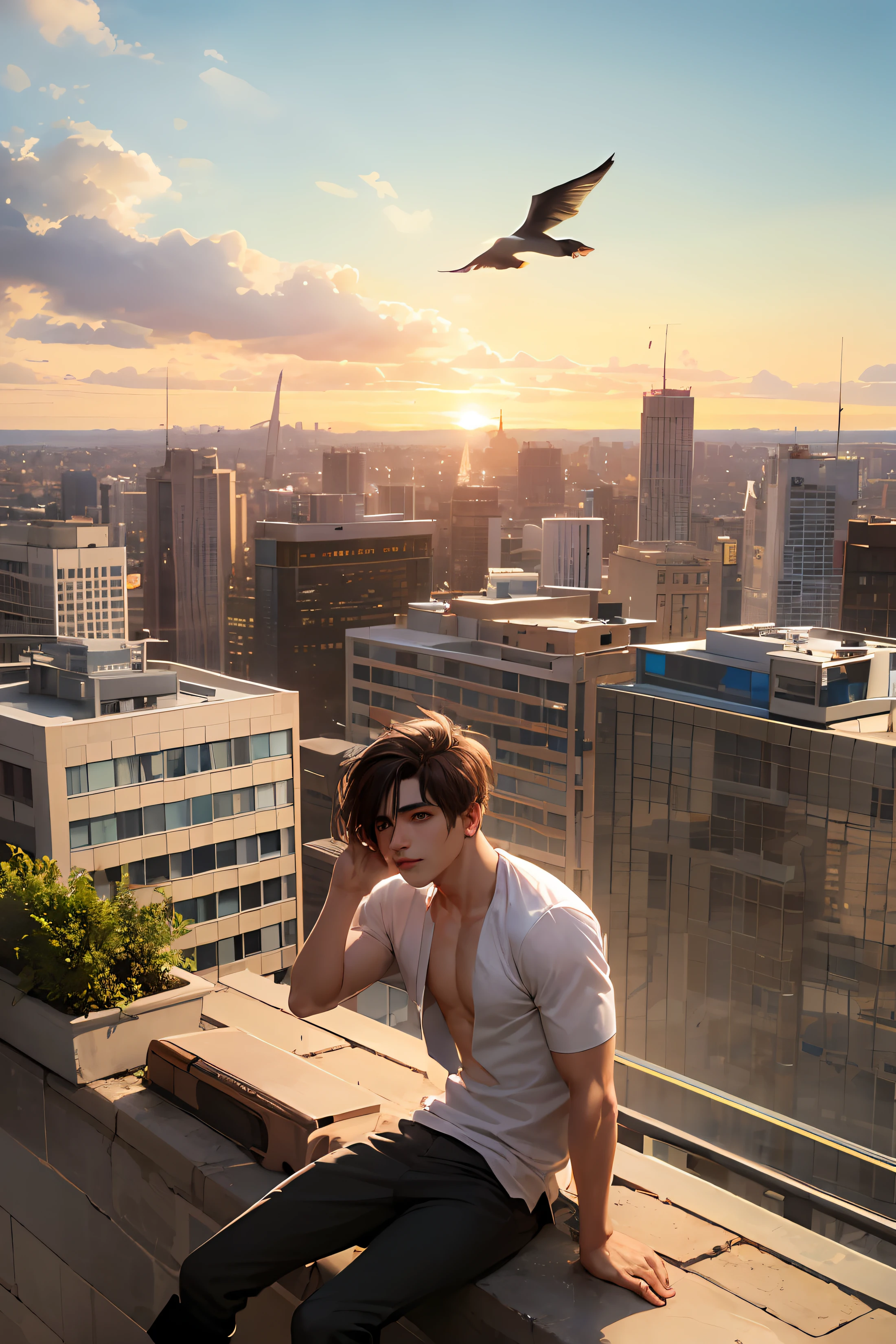 A young man sitting on the edge of a building looking at the Horizon on this horizon has the sun with various clouds and birds,em uma Cidade muito movimentada