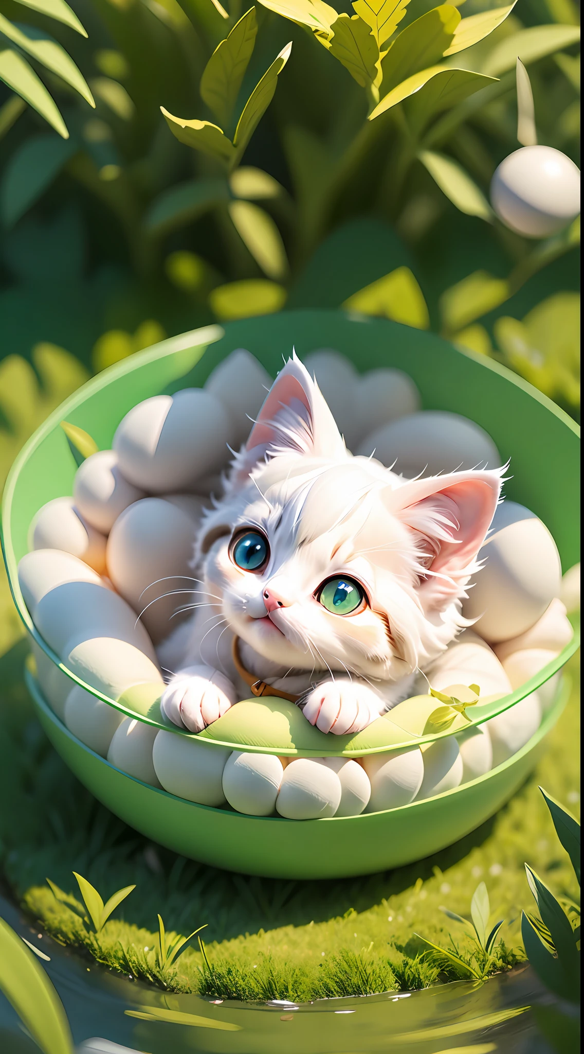 A white-haired kitten，adolable，spherical，cleanness，afloat，shaggy，Big eyes，Non-human，In the green one，Simple，ssmile，Funny，Morandi color system，looking to the right！！！，Turn right