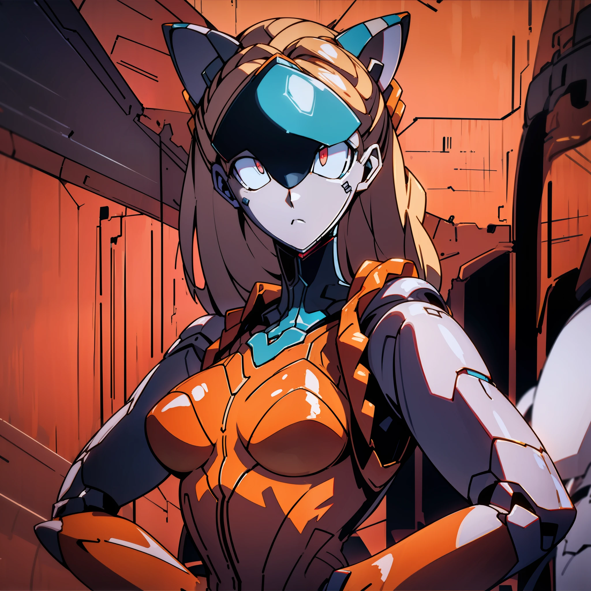 Orange mech girl，Pose in a mechanical scene，Whole body diagram，cat ear， Dear in Franks ,pilotsuit,Tall，cat ear，Gel coat,exquisite warframe fanart, Cat's ear headdress， Biomechanical OPPA