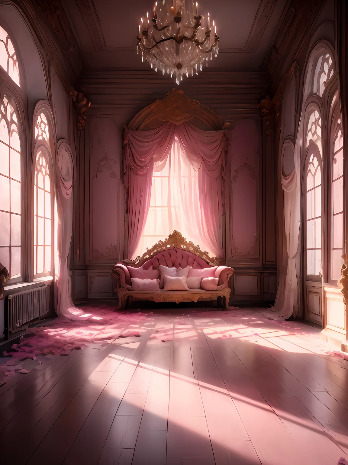 there is a room with a window and a pink rug on the floor, dreamy atmosphere and drama, miss aniela, an abandoned rococo salon, dreamy atmosphere, beautiful render of a fairytale, decadent throne room, atmospheric beautiful details, unreal engine ; romantic theme, bed of flowers on floor, dreamy scene, magical atmosphere + masterpiece
