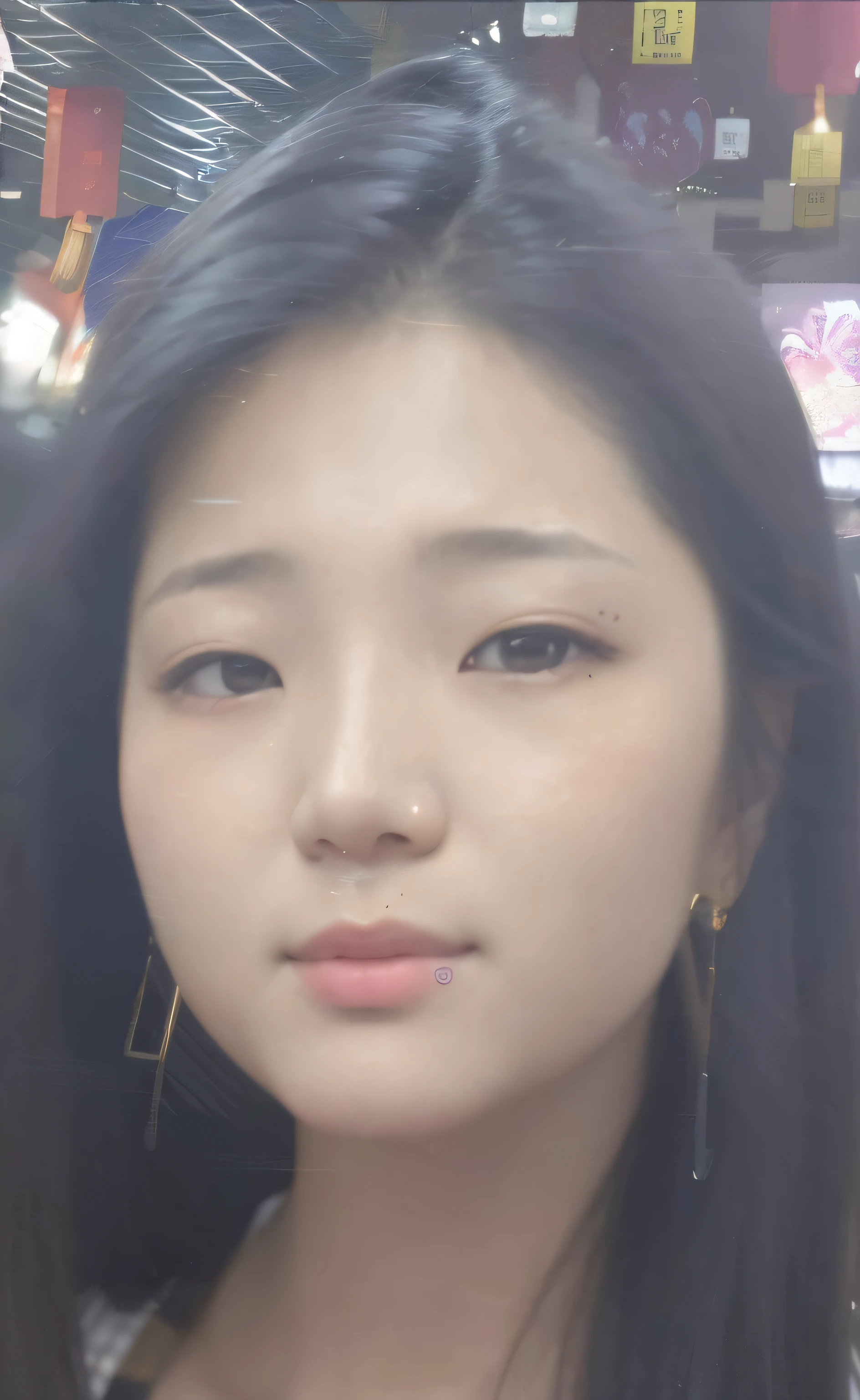 there is a woman with long hair and earrings posing for a picture, inspired by Sim Sa-jeong, portrait of female korean idol, with round face, portrait of kpop idol, Korean symmetrical face, portrait of a crying ai artist, Detailed unblurred face, single realistic face, blur effect face, realistic person, portrait of jossi of blackpink, real detailed face