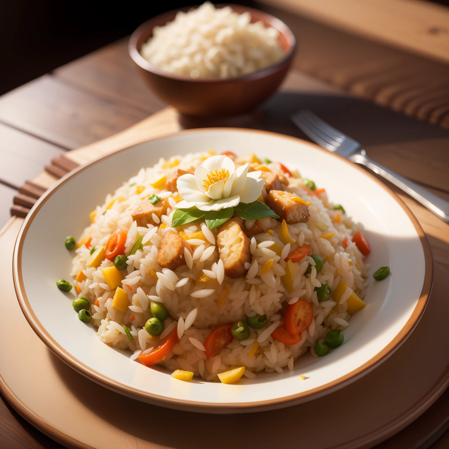 Masterpieces of the best quality,Photorealistic hyper-detail,Fried rice close-up,Wooden dining table,Background bokeh,Soft lighting for DSLR,Film grain on high quality,Fuji Film。