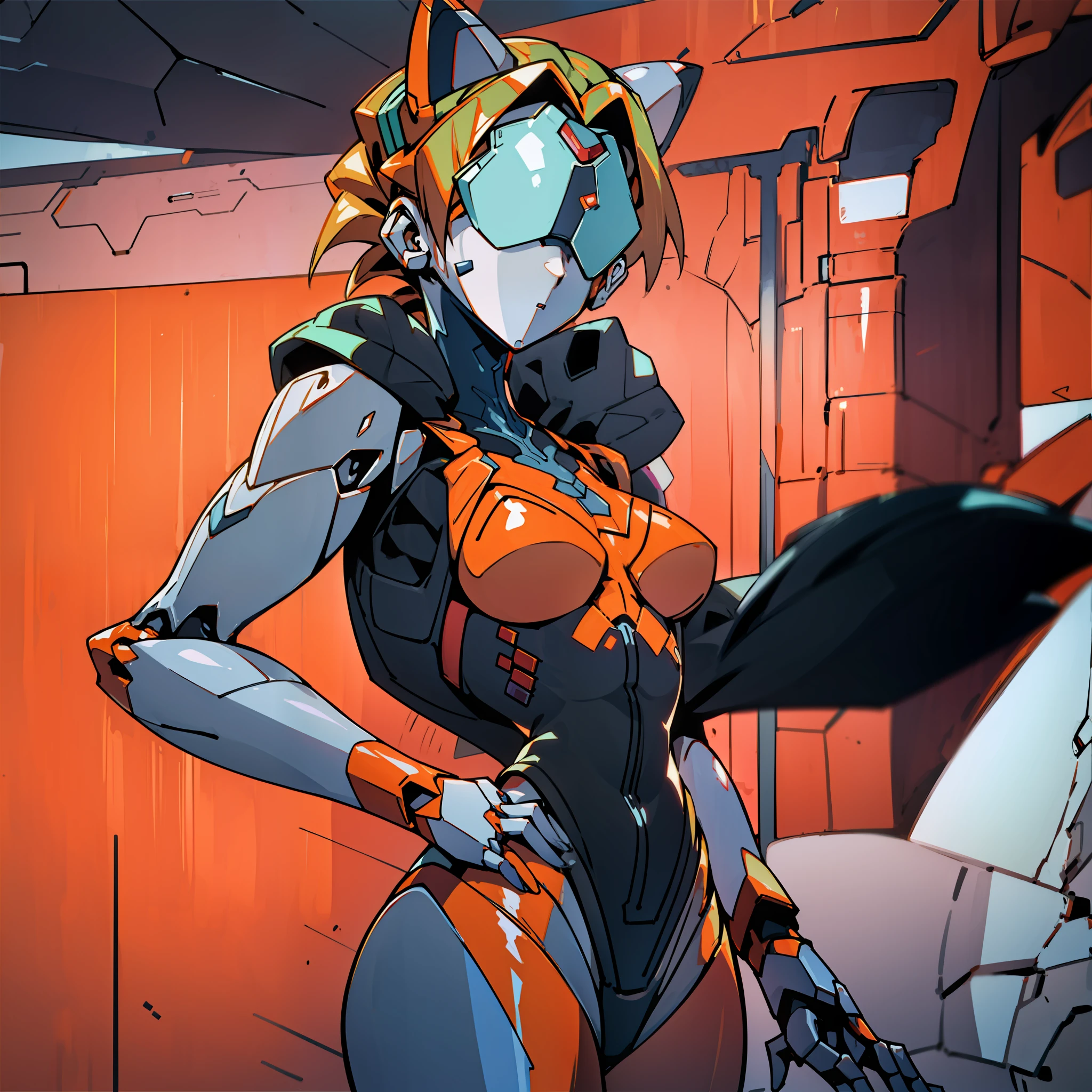 Orange mech girl，Pose in a mechanical scene，Whole body diagram，cat ear， Dear in Franks ,pilotsuit,Tall，cat ear，Gel coat,exquisite warframe fanart, Cat's ear headdress， Biomechanical OPPA