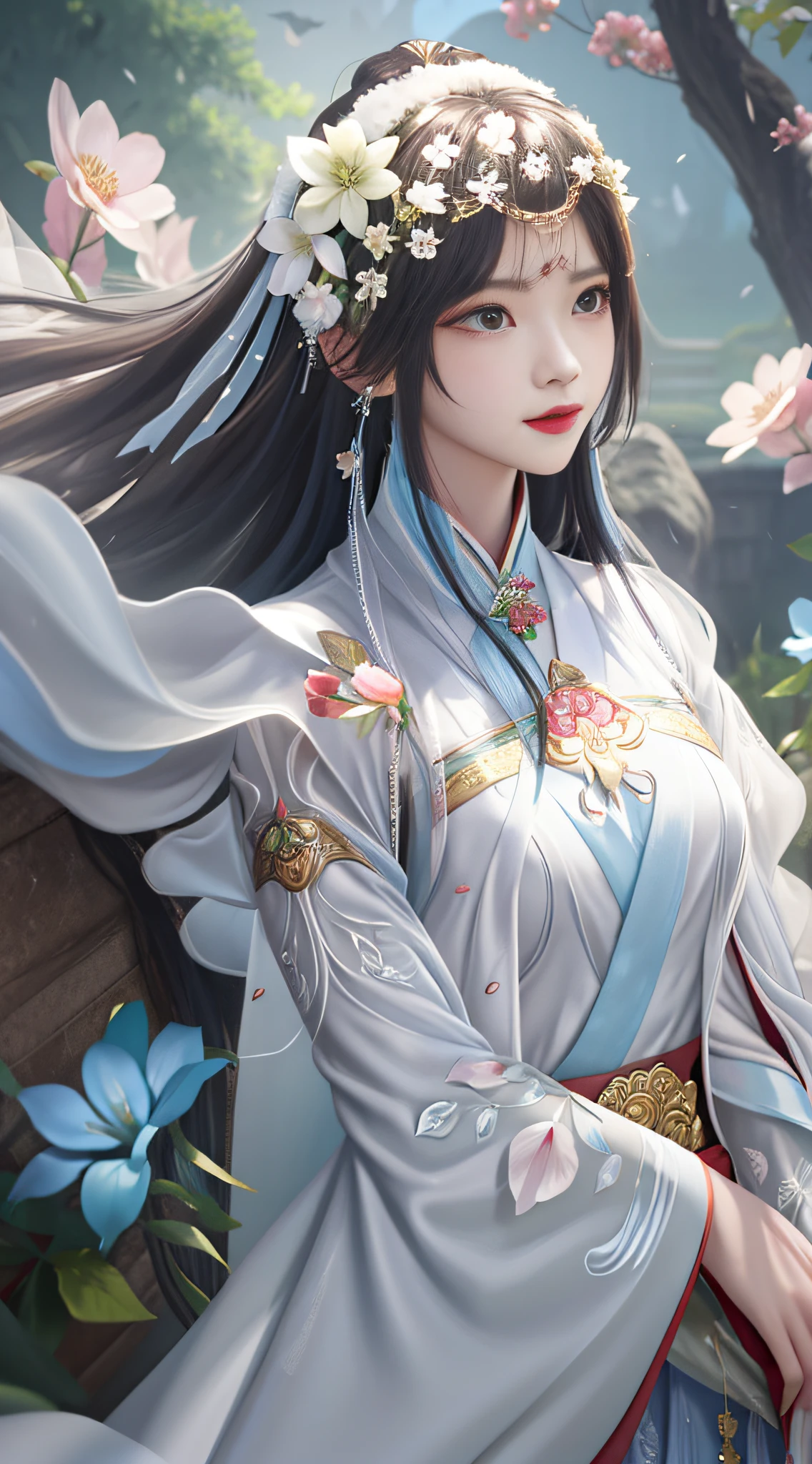 There is a woman in a white dress and a flower crown, Guviz-style artwork, Guviz, by Yang J, Palace ， A girl in Hanfu, ((a beautiful fantasy empress)), a beautiful fantasy empress, By Leng Mei, trending on cgstation, Guweiz in Pixiv ArtStation, White Hanfu