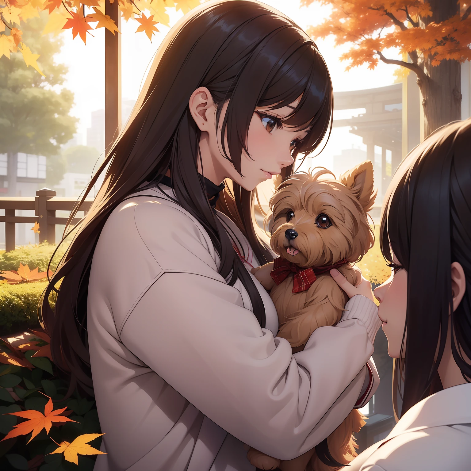 Lady in Alafed with a teddy bear, chiho, with dogs, pokimane, with ivy, in Tokyo under, ohwx, by Nishida Shun'ei, Hugging her Yorkshire terrier, profile image, 🍂 Cute, 🍁 Cute, profile photo, けもの, wearing a fisher 🧥, autum