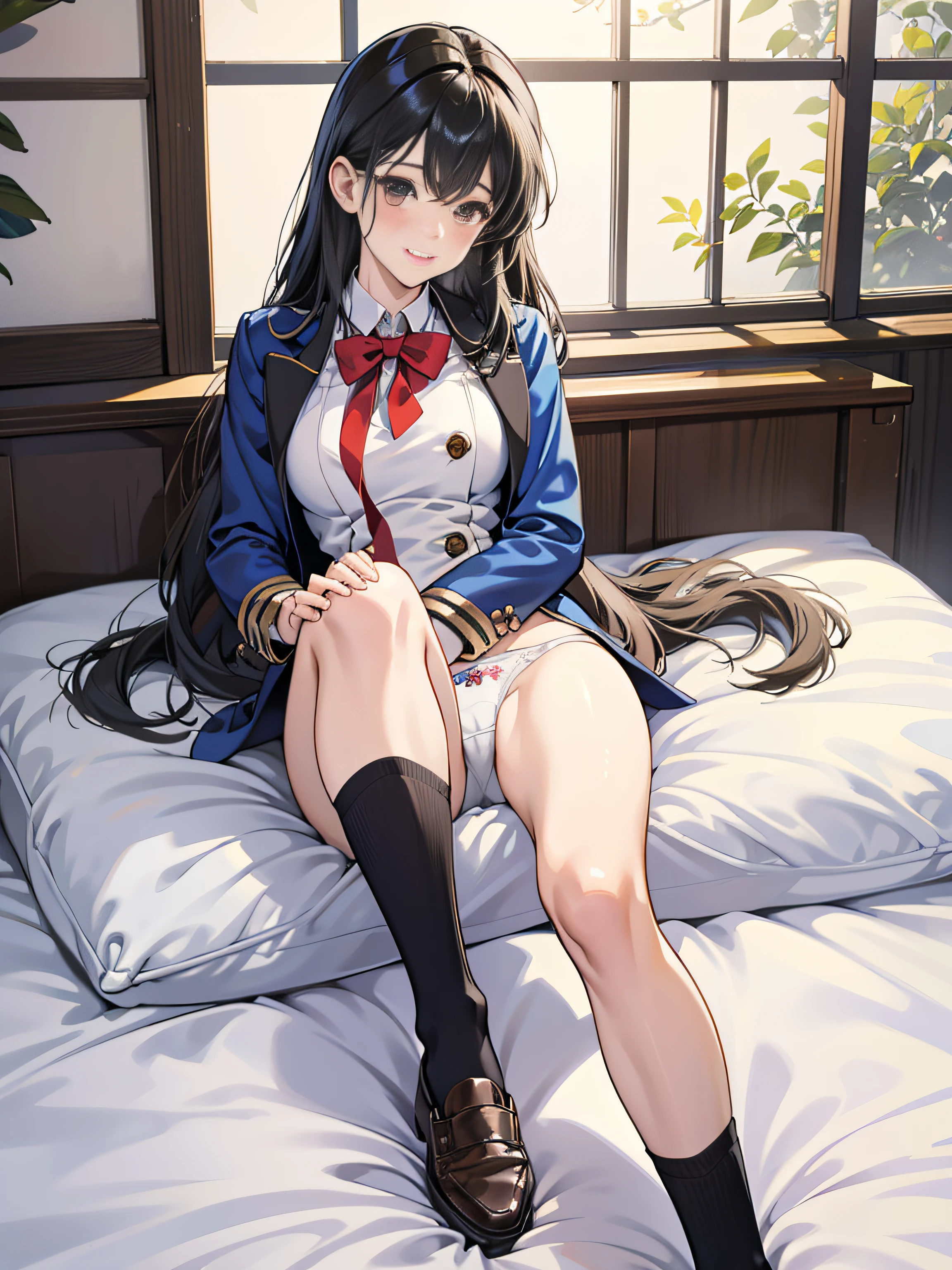 cute little、 lightsmile,Beautie, Anime style, ghibli-like colors, Blazer Uniform、17 age、I'm inviting、on the bed、A dark-haired、White underwear、Take off your underwear halfway、You are showing me your pubic area、Straight hair、Glamour、is open、Colossal tits、de pele branca、Black socks、Eagerness to show、I'm excited、wide-open legs、Very embarrassing、red blush。 Best Quality , Textured skin、 Super Detail, high details, High quality、、masturbation、Crotch facing me,