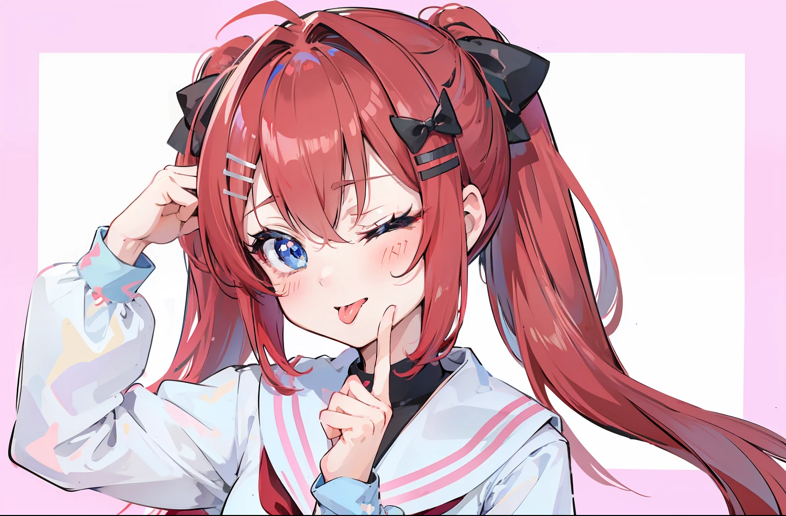 kawaikute gomen, 1girl, solo, looking at viewer, one eye closed, tongue, tongue out,red hair,blue eyes,twintails,serafuku,black bow,Black hair clip,loli