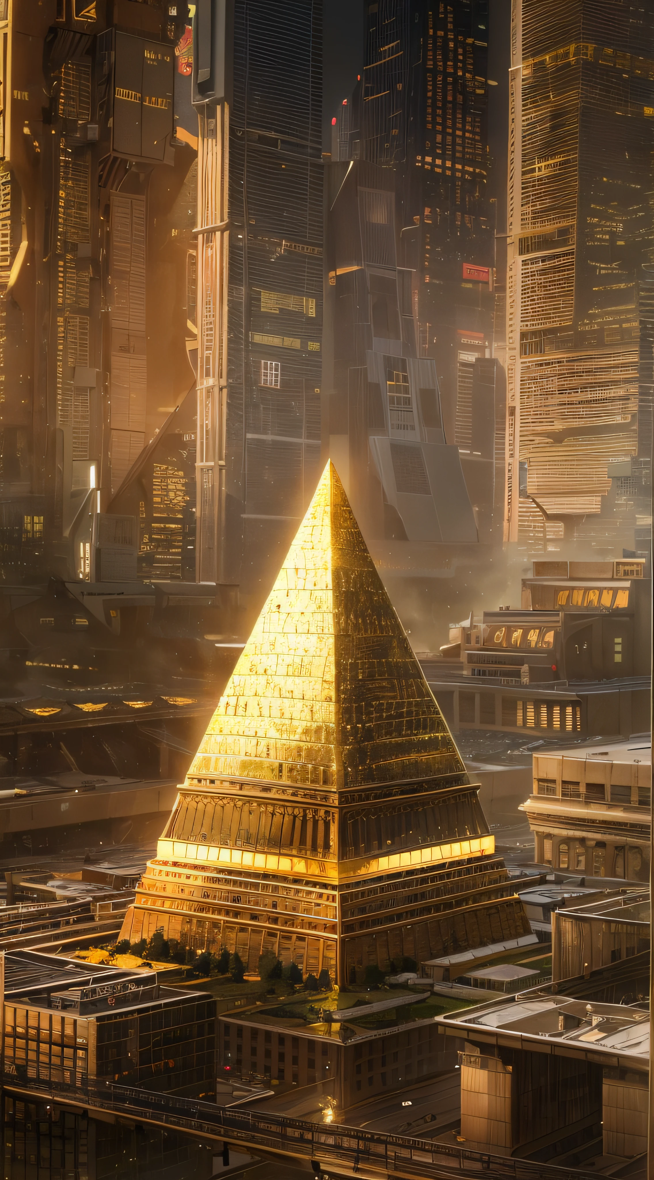 "A futuristic background of a golden glass pyramid with laser beams leads to a hyper-realistic scific city with huge skyscrapers. The hyper resolution of the background is 4k and has an aspect ratio of 16:9.golden pyramid, masterpiece, anatomically correct, super detail, high quality, best quality, 8k, 16k, high details