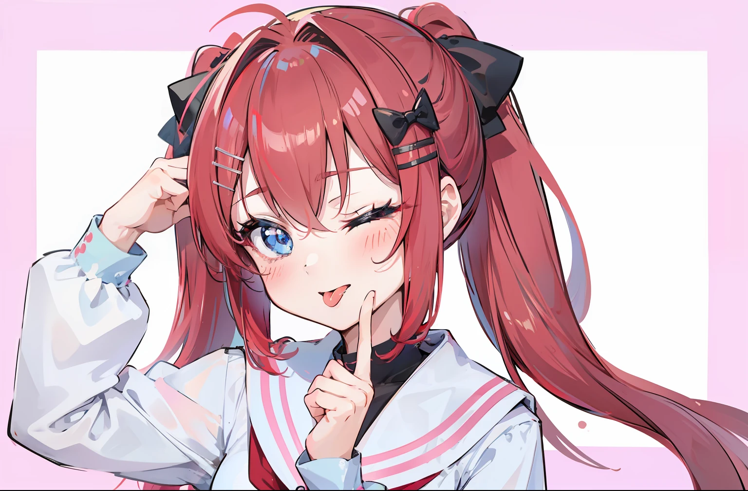 kawaikute gomen, 1girl, solo, looking at viewer, one eye closed, tongue, tongue out,red hair,blue eyes,twintails,serafuku,black bow,Black hair clip,