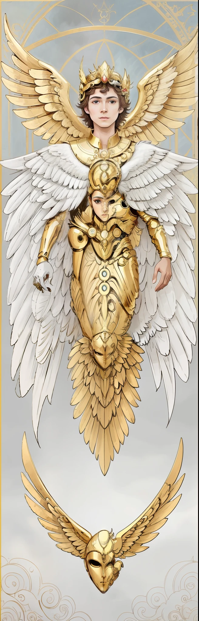 a drawing，One with wings，A man with a halo on his head, big angel wings wide open, gold wings, infinite angel wings, infinite angel wings, Angelic, ophanim has bird wings, gold wings on head, inspired by Philippe Druillet, highly detailed visionary art, 1 angel, grand angel wings, Winged, Angel wings, stained glass wings