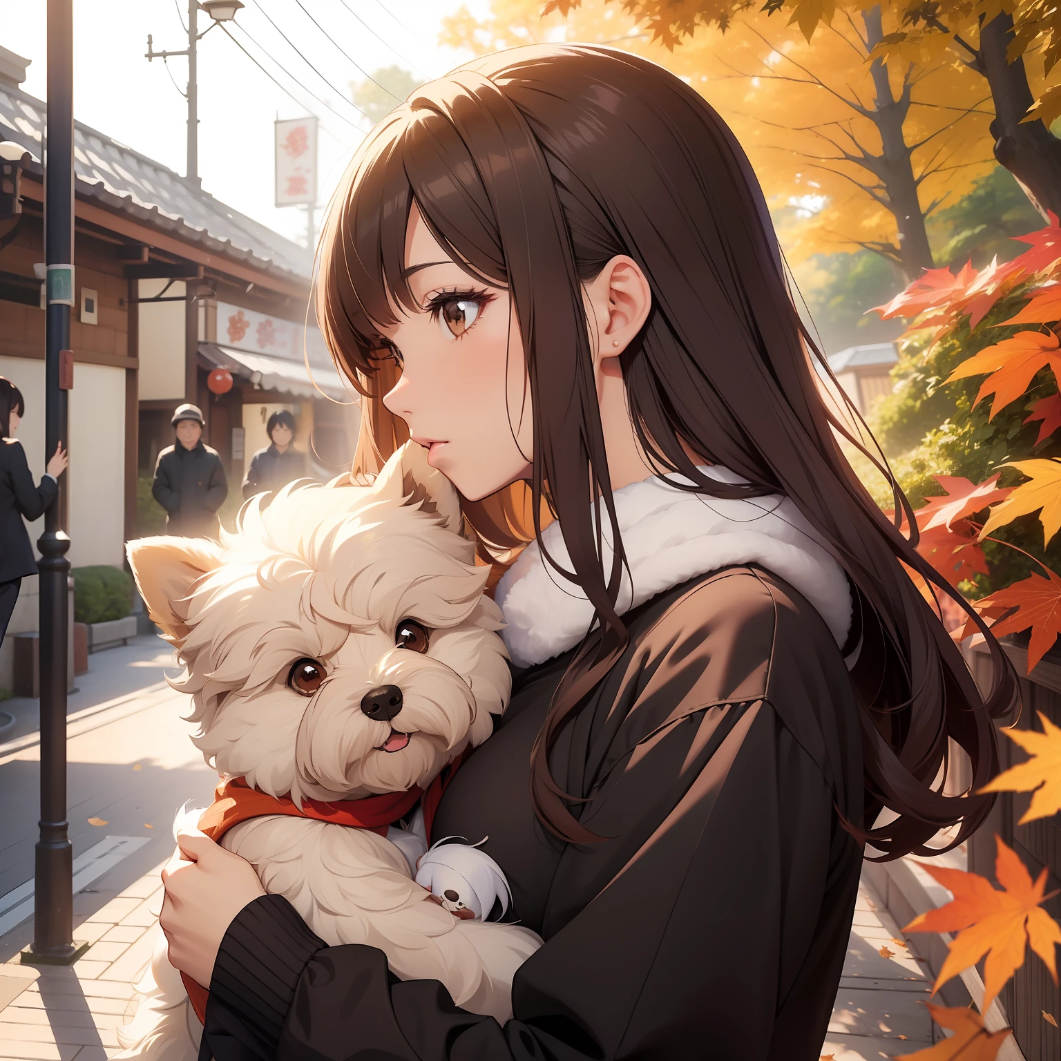 Lady in Alafed with a teddy bear, chiho, with dogs, pokimane, with ivy, in Tokyo under, ohwx, by Nishida Shun'ei, Hugging her Yorkshire terrier, profile image, 🍂 Cute, 🍁 Cute, profile photo, けもの, wearing a fisher 🧥, autum