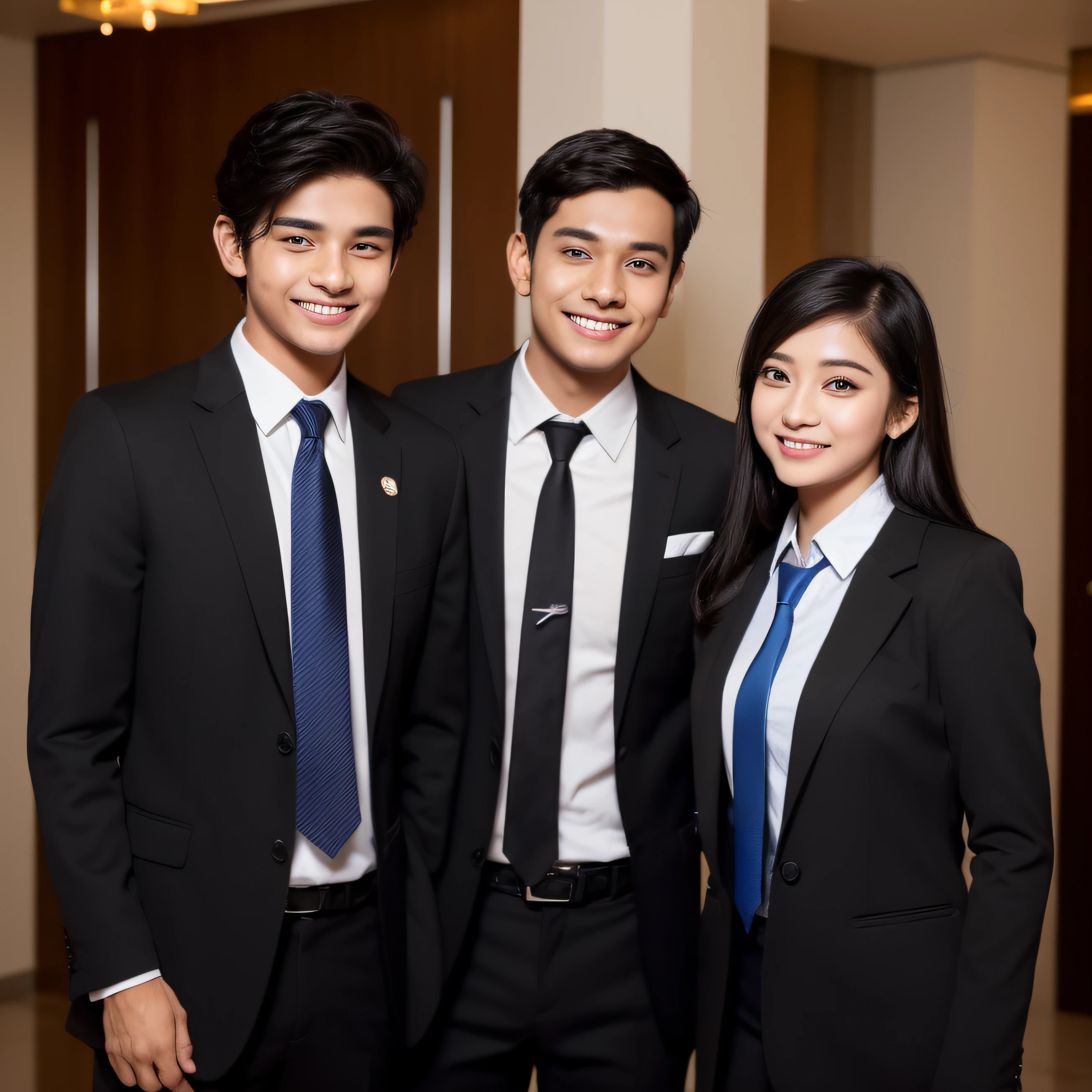 a girl, a men ,20 years old ，Indian boy , Malaysian malay girl ,facial expression filled with  super joy and delight，eyes shine brightly,  face  adorned with a beaming smile, half body, front view indoor, work in hotel, wear manager uniform , coat, black and white, background is hotel lobby,(((Professional Attire,Grooming Standards, name tag, men with black color tie))), Indian skin , deep brown