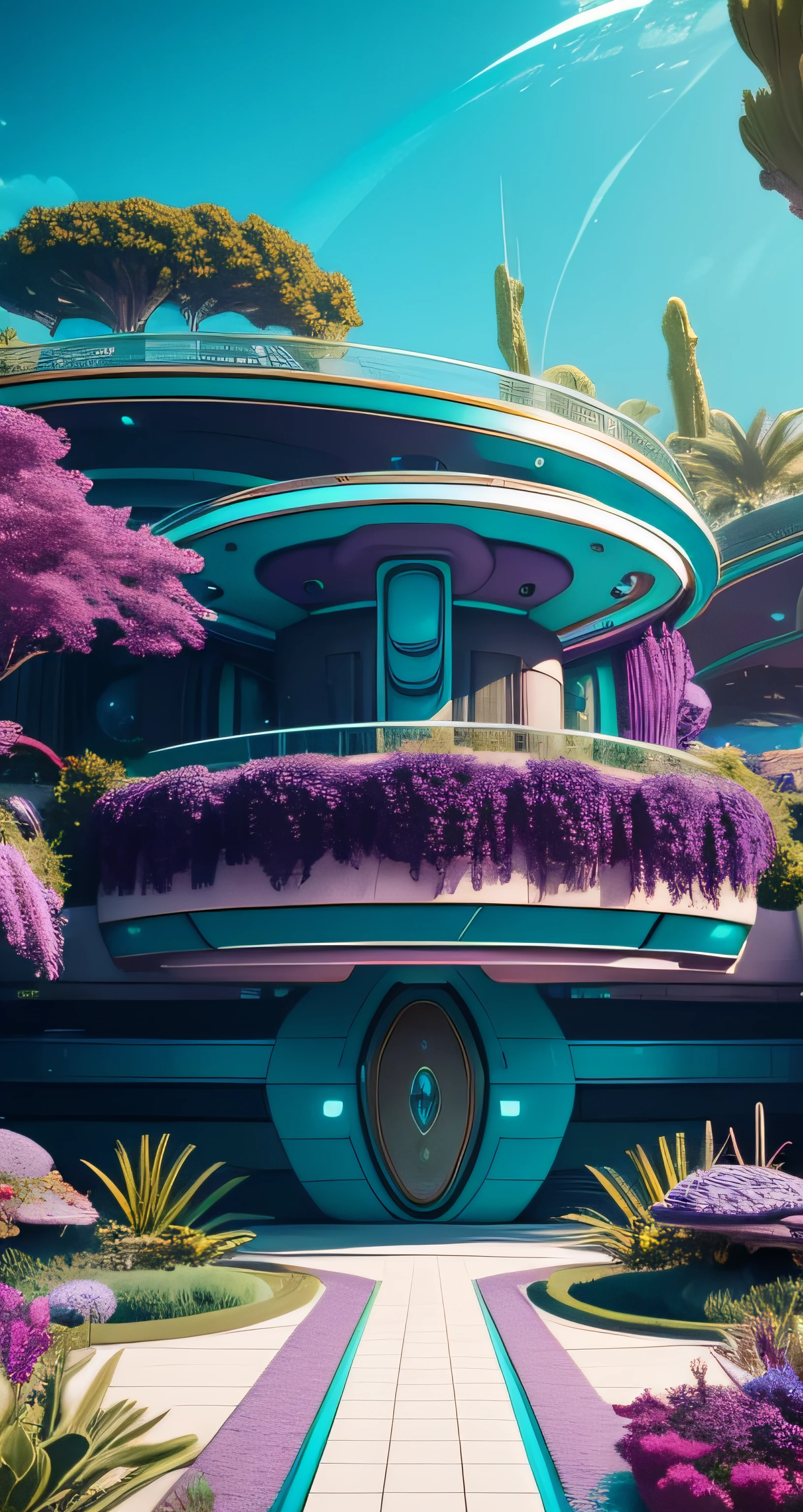 Alien world underwater metal sci-fi Alien style house with oval forms vivid colors, Turquoise sky, purple shrubs and trees, green water