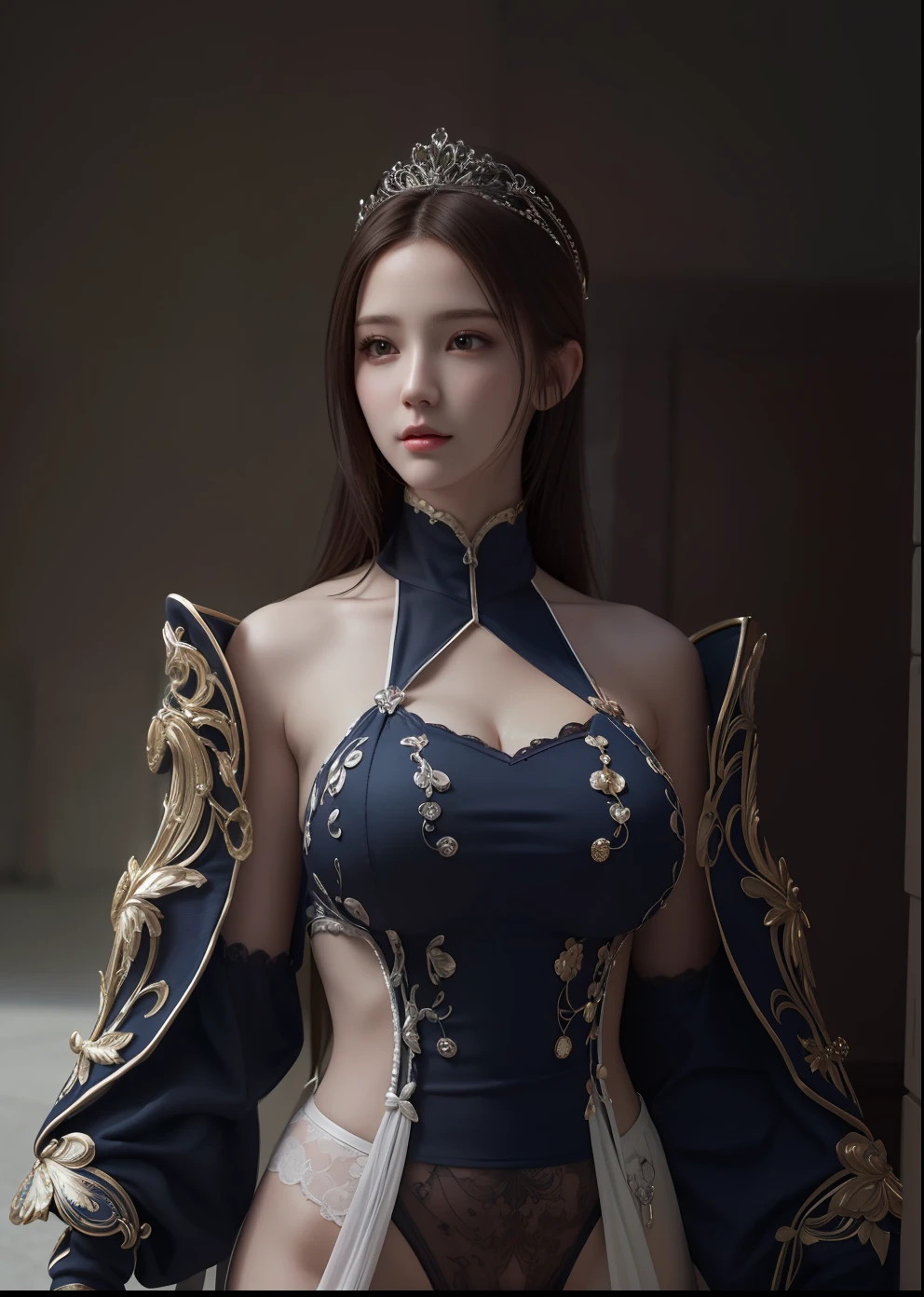 masterpiece, best quality, extremely detailed 8k, ultra hd, ultra-detailed, highly detailed, highly realistic, ultra-realistic, hyperrealistic, hyperrealism, (1woman:1.5), (solo:1.5), anatomically correct, (detailed realistic skin), (realistic big breasts), slender abs, (closed mouth:1.35), nsfw,