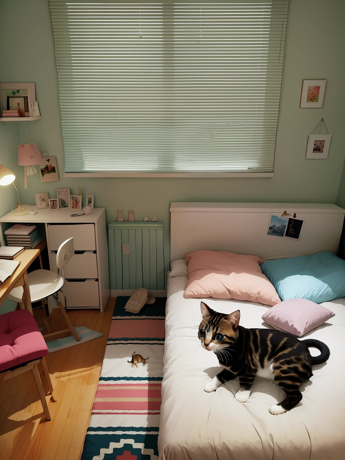 There is a bed in the bedroom，There is a beautiful kitten, Small room, cute room, cozy room, apartment of an art student, small bedroom, clean room, in small room, small and cosy student bedroom, studyng in bedroom, designed for cozy aesthetics!, a room, cozy environment, A bright room,