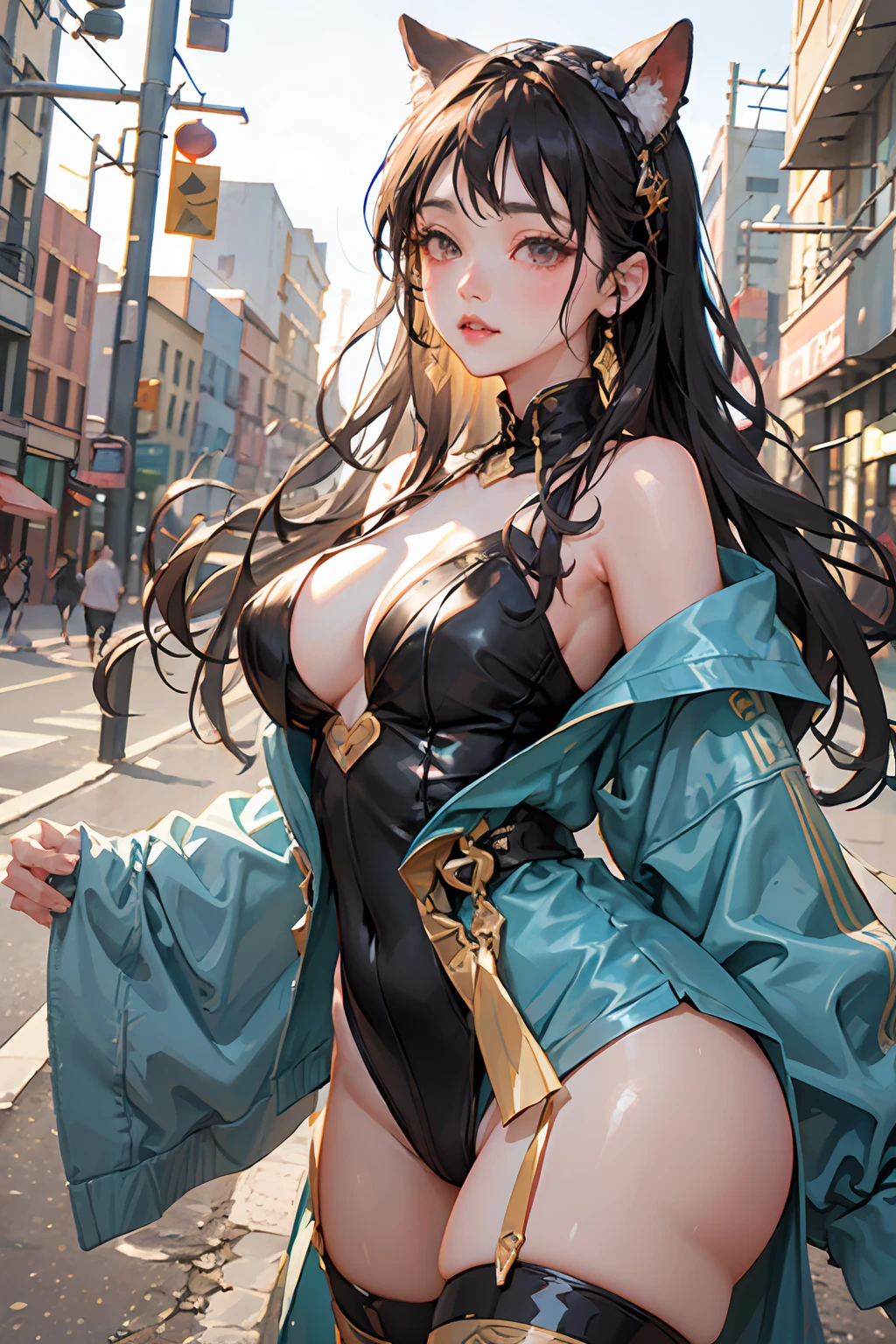 extremely detailed CG unity 8k wallpaper,(masterpiece),(best quality),(ultra detailed),(ultra realistic),(Best character details:1.36),nikon d750 f/1.4 55mm,dynamic angle,professional lighting, photon mapping, radiosity, physically-based rendering,
outdoors,busy street,looking at viewer,blush,
1girl,mature female,milf,tall body,golden proportions,(Kpop idol),(shiny skin:1.2),(oil skin:1.1),makeup,[:(high detailed face:1.2):0.2]:,PureErosFace_v1,
((wavy gray hair and a sophisticated sense of style)),(aegyo sal:1),(puffy eyes),(eyelashes:1.1),(parted lips:1.1),red lipstick,wide shoulders,(medium breasts:1.1),(cleavage:1.1),animal ears,(big ass:1.2),thighhighs,
 silk coat, song, song Dynasty, song clothing