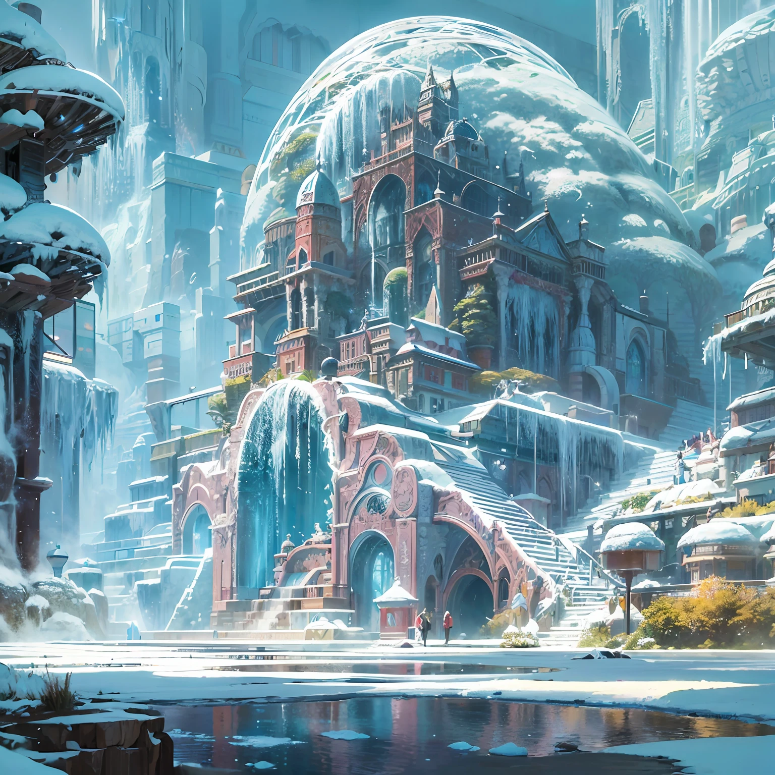 Crystal gardens buried deep underground,With exotic plants and rare resources,Frozen flora,Frost-covered building,Intricate ice formations,Ghibli Mobius style,Ice City before 2080,Möbius aesthetics,Morbius bonded with Louise,Len Mack inspiration,Studio Ghibli performance,moebius artwork,studio ghibli smooth concept art,james gilleard artwork。 --auto