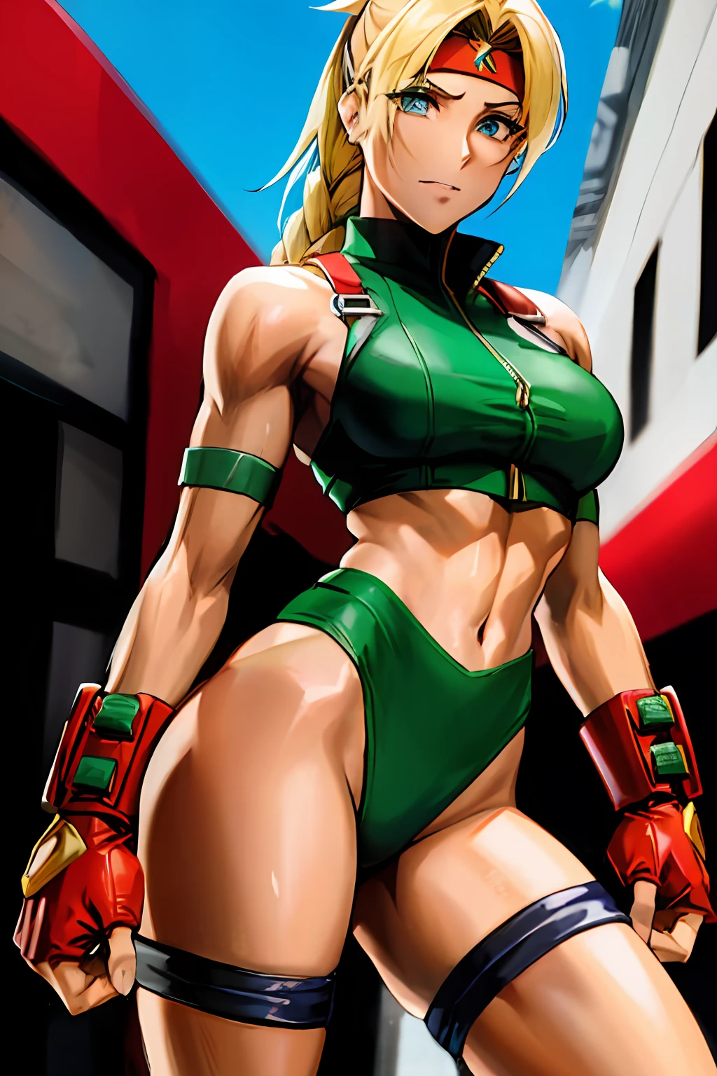 um close up de uma mulher com uma roupa verde e vermelha, Cammy, fofosexyrobutts, personagem de jogo de luta, Directed by: Jason Teraoka, Alejandro Burdiso Arte Estilo, Directed by: Eddie Mendoza, Personagem de King of Fighters, arte digital em quadrinhos, Lutador de rua, pose, Pose de lutador, Directed by: Okada Beisanjin, fanart de videogame