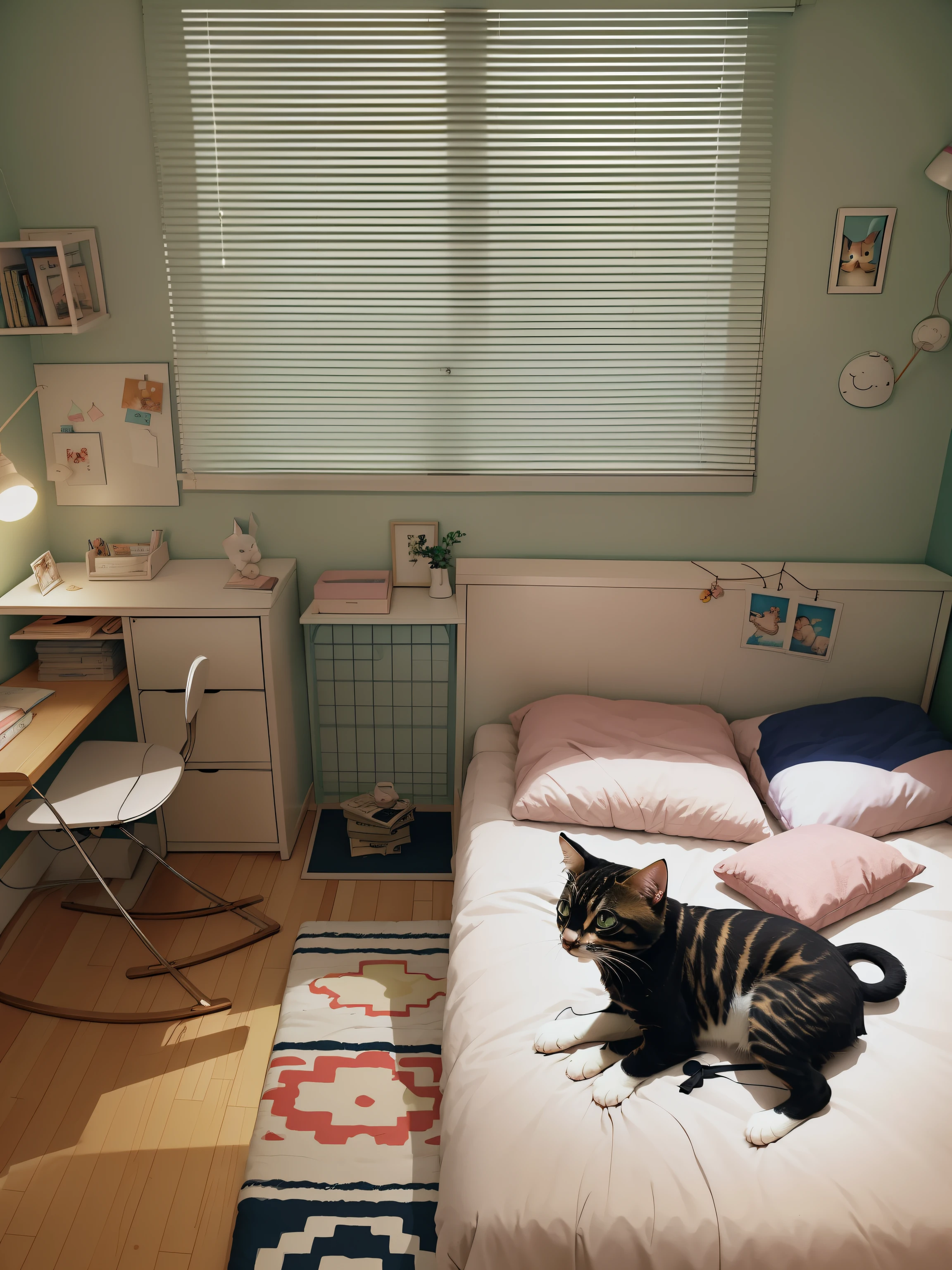 There is a bed in the bedroom,There is a kitten on it, Small room, cute room, cozy room, apartment of an art student, small room in tokyo, small bedroom, clean room, in small room, small and cosy student bedroom, studyng in bedroom, designed for cozy aesthetics!, a room, cozy environment, A bright room, 9 0 s bedroom