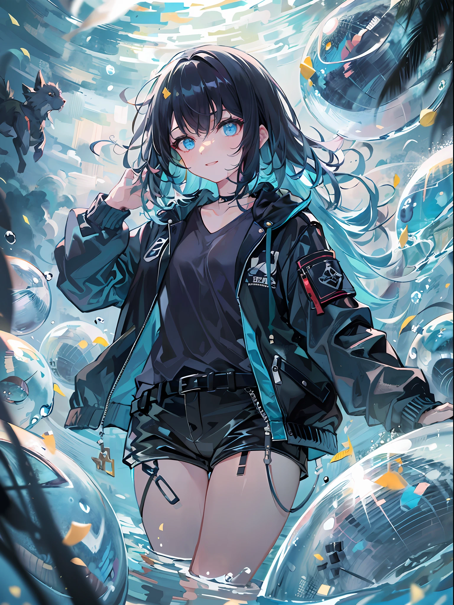 ((top-quality)), ((masterpiece)), ((ultra-detailliert)), (extremely delicate and beautiful), girl with, 独奏, cold attitude,((Black jacket)),She is very(relax)with the(Settled down)Looks,A dark-haired, depth of fields,evil smile,Bubble, under the water, Air bubble,bright light blue eyes,Inner color with black hair and light blue tips,Cold background,Bob Hair - Linear Art, shortpants、knee high socks、Camisole inner shirt、Hands in pockets