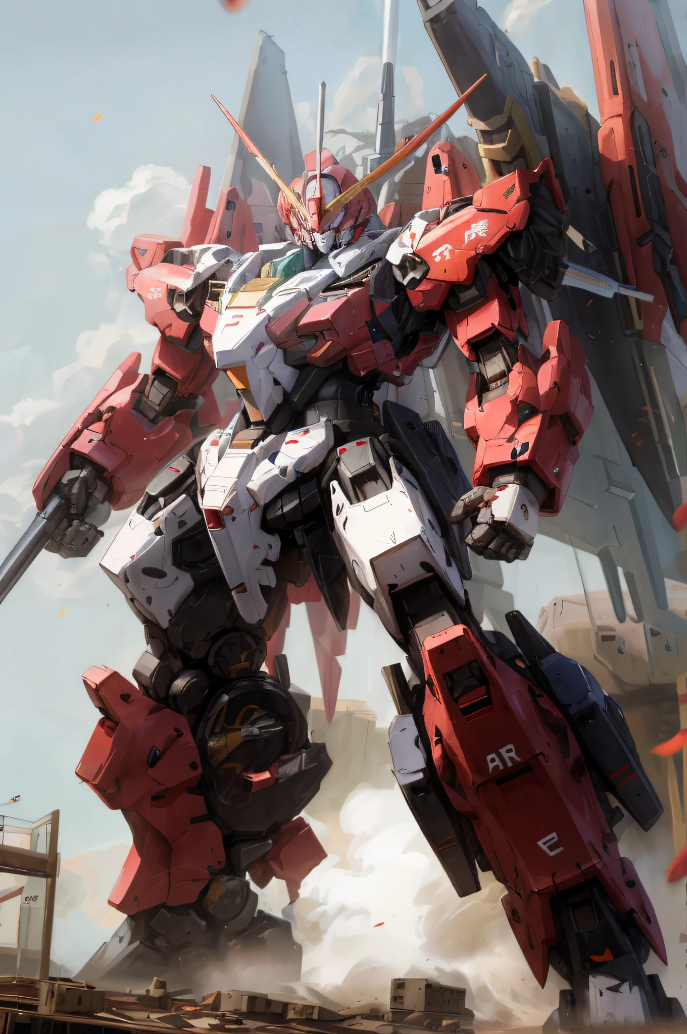 arafed robot standing on a platform with a large gun in its hand, mecha art, cool mecha style, alexandre ferra mecha, modern mecha anime, alexandre ferra white mecha, an anime large mecha robot, mecha anime, giant anime mecha, mecha asthetic, gundam style, red mech