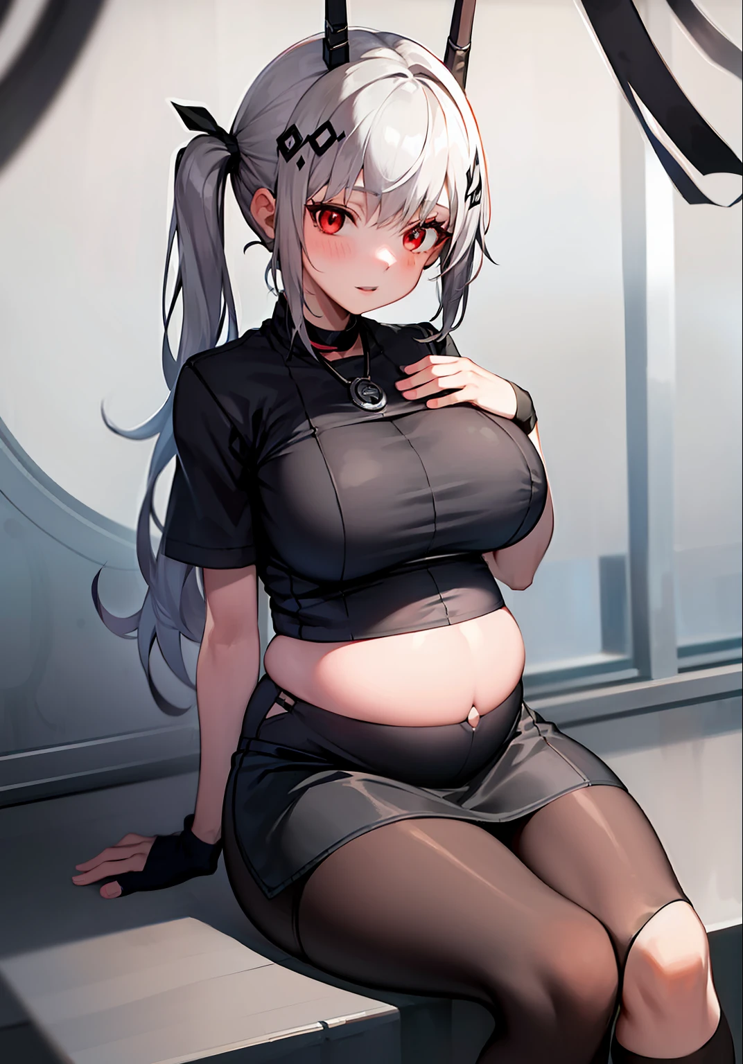 tmasterpiece,The best quality,A girl sits on a fence,Fusion,Adjust hair,red eyes,Gray hair,pony tails,grey eyelash,black uniforms,black glove,looking at the distance,look from down,Pregnant belly, Maternity clothing,Maternity wear,Pregnant belly,Pregnant belly