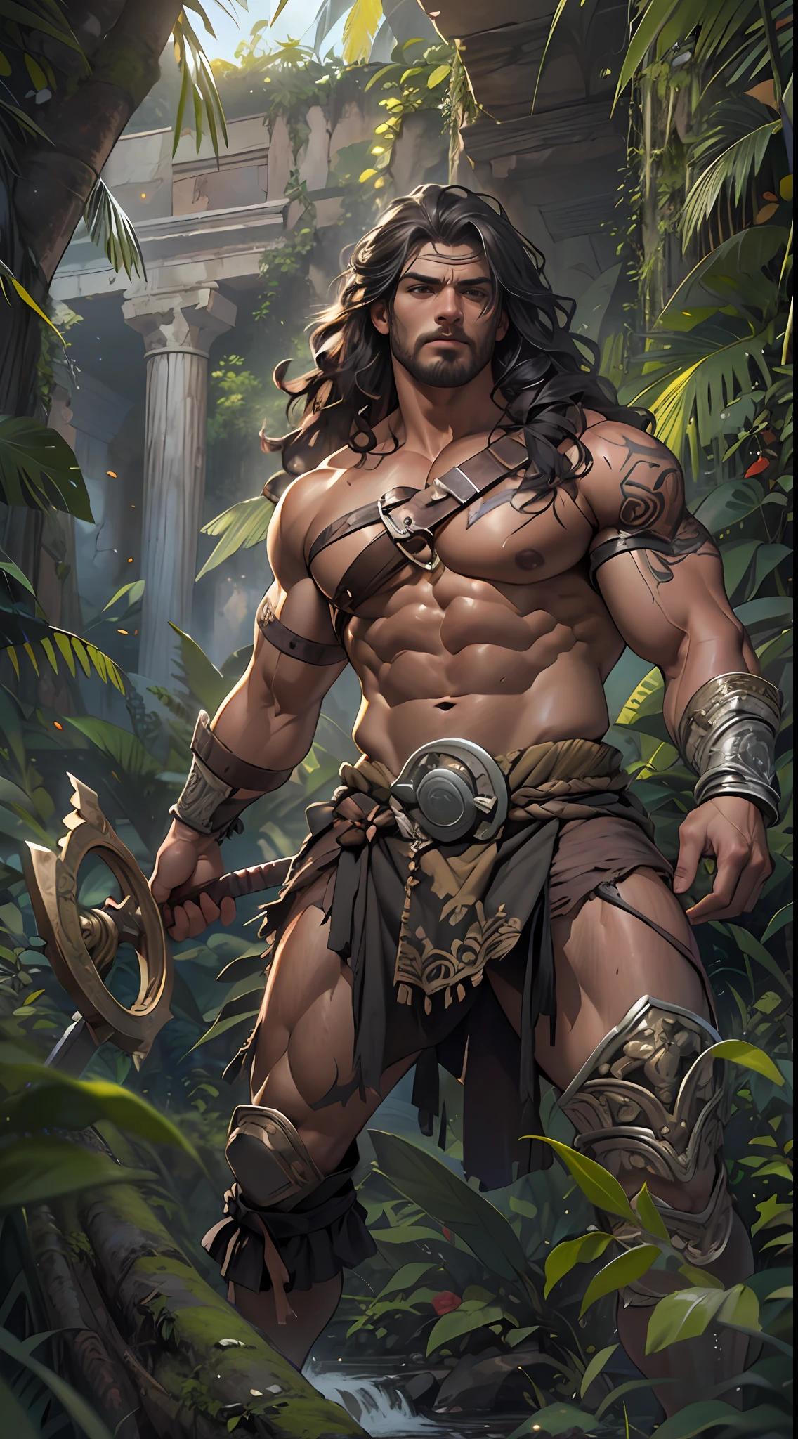 Muscular barbarian, partially  upper body, lower body uncovered from thighs to feet,, long flowing curls, intricate muscular details, photorealistic artwork, 4K quality. Background: Dense jungle with ancient ruins,32k uhd, best quality, masterpiece, super detail, high details