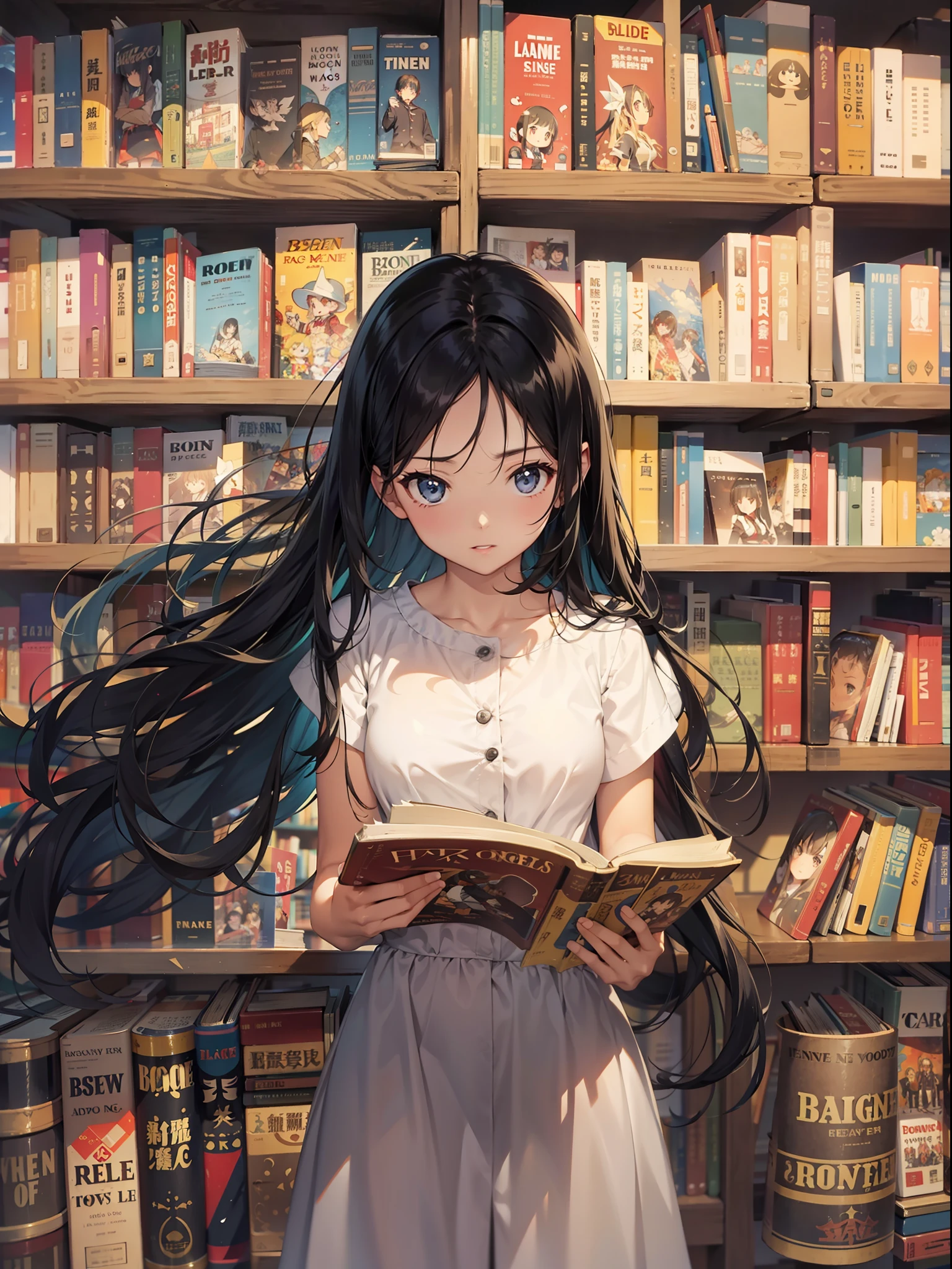 Top image quality Original Characters、Long Black Hair、Used Bookstore、bookcase、Vintage