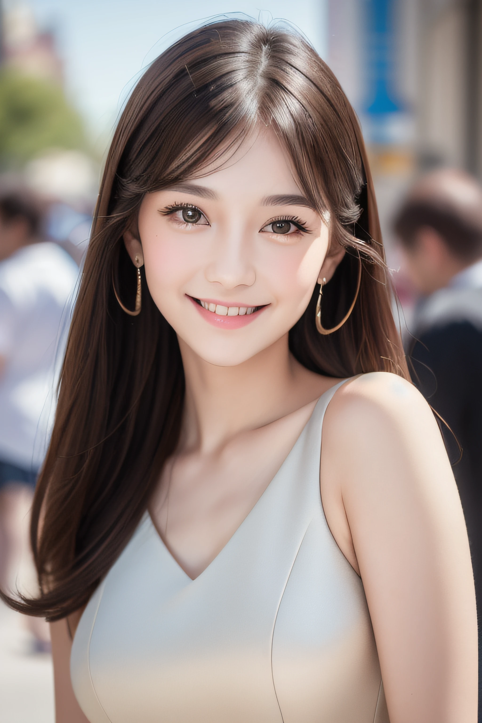 ((Best quality, 8k, Masterpiece :1.3)), 1girl, smiling, full body, slim face, Pretty woman, (Dark brown hair), full length dress :1.1, Ultra-detailed face, Detailed eyes, Double eyelid, blur background, slim face, city, outside, street,