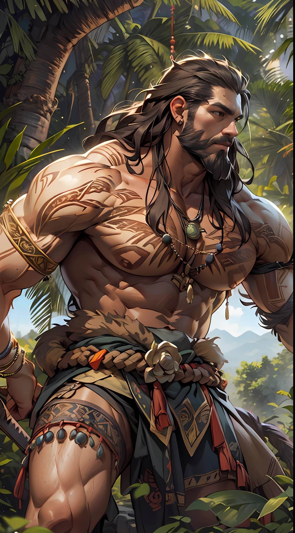 Muscular barbarian, partially upper body, lower body uncovered from thighs to feet, bearded with beads, long flowing curls, intricate muscular details, photorealistic artwork, 4K quality. Background: Dense jungle with ancient ruins,32k uhd, best quality, masterpiece, super detail, high details