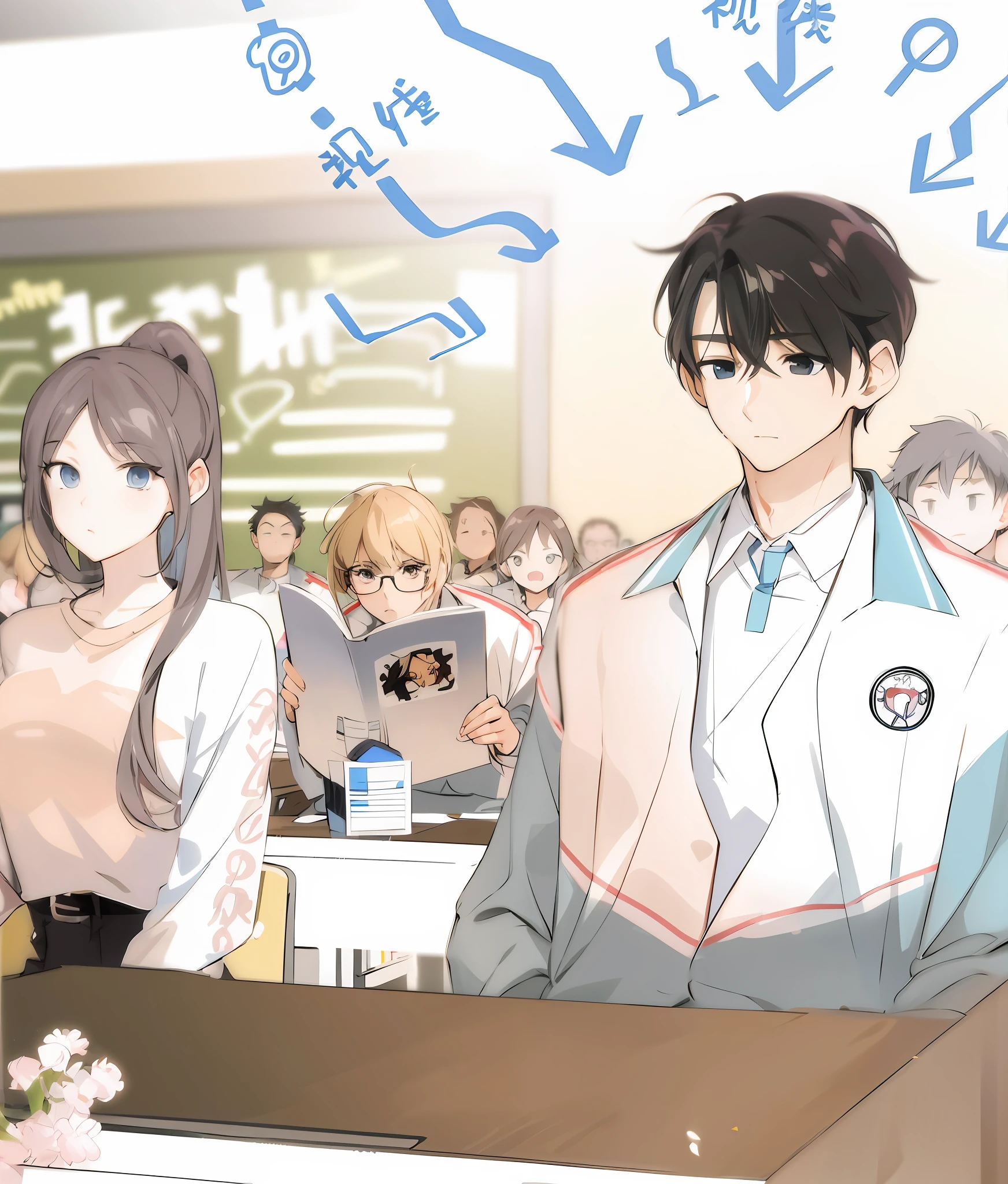 Anime image of a man and woman in a classroom, Perfect facial features,highschool background, Classroom Background, typical anime classroom, Classe escolar, In anime style, In a classroom