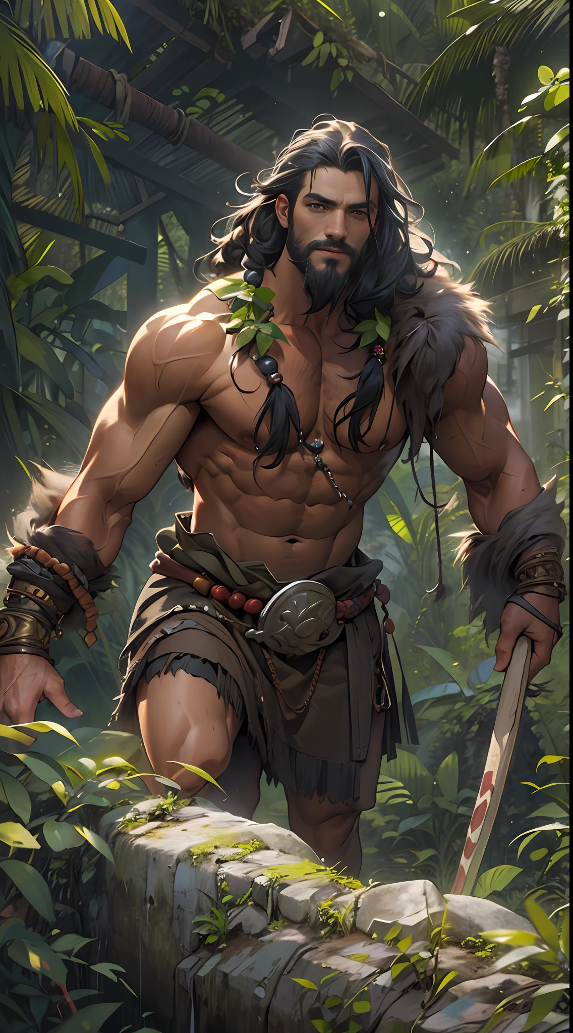 Muscular barbarian, partially upper body, lower body uncovered from thighs to feet, bearded with beads, long flowing curls, intricate muscular details, photorealistic artwork, 4K quality. Background: Dense jungle with ancient ruins,32k uhd, best quality, masterpiece, super detail, high details