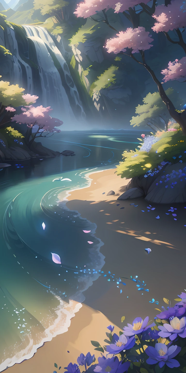 Masterpiece, best quality, (very detailed CG unity 8k wallpaper) (best quality), (best illustration), (best shadows) Nature&#39, blue sea,delicate leaves petals of various colors falling in the air light Tracking, super detailed --v6
