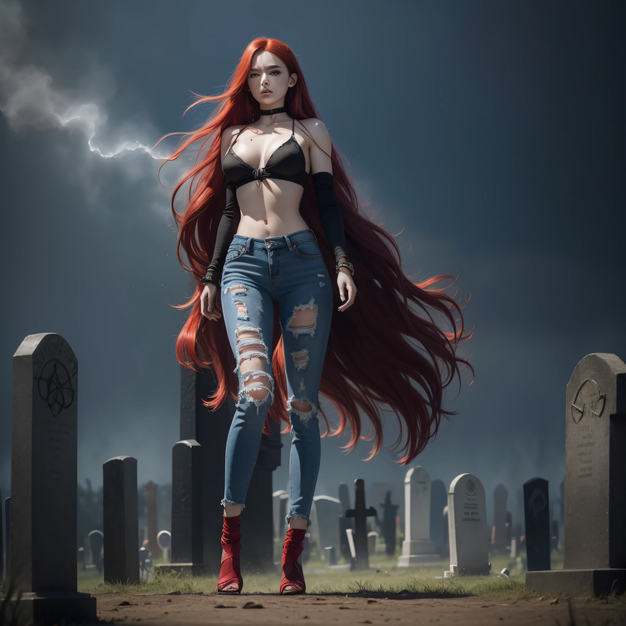 (depiction of death), (perfect face), (Full body), (perfect anatomy), (thin lean body),(extremely detailed skin), (big breasts), (bandages, tattered jeans clinging), (red eyes) , (bright eyes), ((yandere)), (thin waist, wide hips, pale body), (perfect thighs), (perfect arms), (standing still), ((too much steam)),(extremely torn clothes detailed), (imposing), invocation of a magic circle, Glitter bracelets, looking at viewer, staring, (Medium full-frame photograph), ((Ruins cemetery background)), (Long red hair extremely silky smooth taken by the wind)