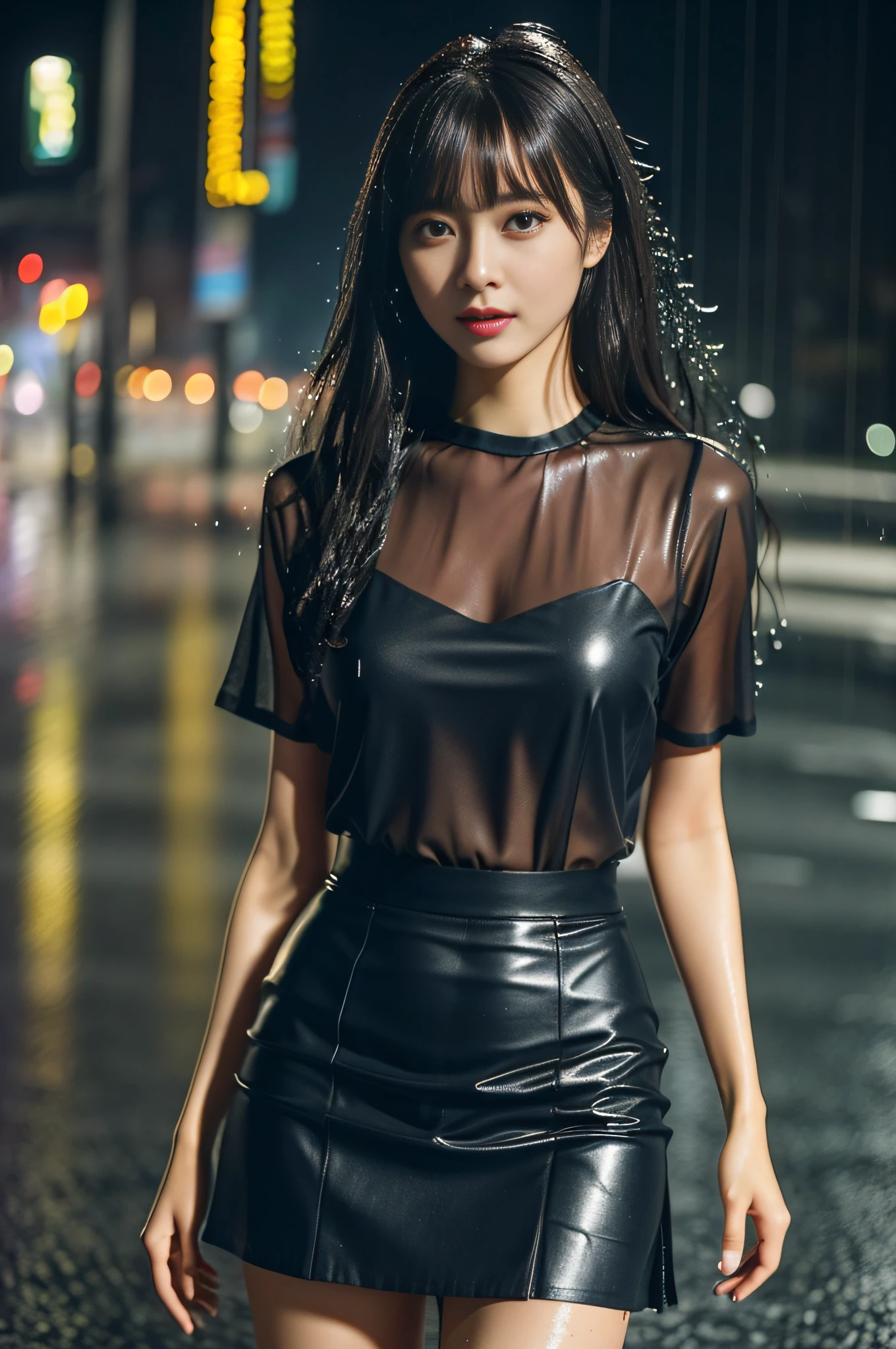 ((1 female: 1.5)), (anatomically correct proportions), (attractive proportions), ((whole body: 2)), detailed face, detailed hair, detailed skin, ((small Face: 1.2)), thin waist, (big breasts), ((1 screen)), 8K, RAW shot, highest quality, ((masterpiece)), realistic photo, shot above the knee, (Japanese Beautiful face like an actress), 18 years old, (((on the street in the near-future city where it is raining: 1.5))), (in the city where neon signs are beautiful: 1.5), ((standing in the rain) Beautiful woman)), ((body soaking wet)), ((sheer tight blouse is (wet))), ((wet (sticking to the skin) blouse: 1.5)), no bra, ((bright Colored (tight) blouse)), ((tight skirt is (wet): 1.5)), (((wet hair: 1.8))), (((wet bangs: 1.8))), ( confused look)