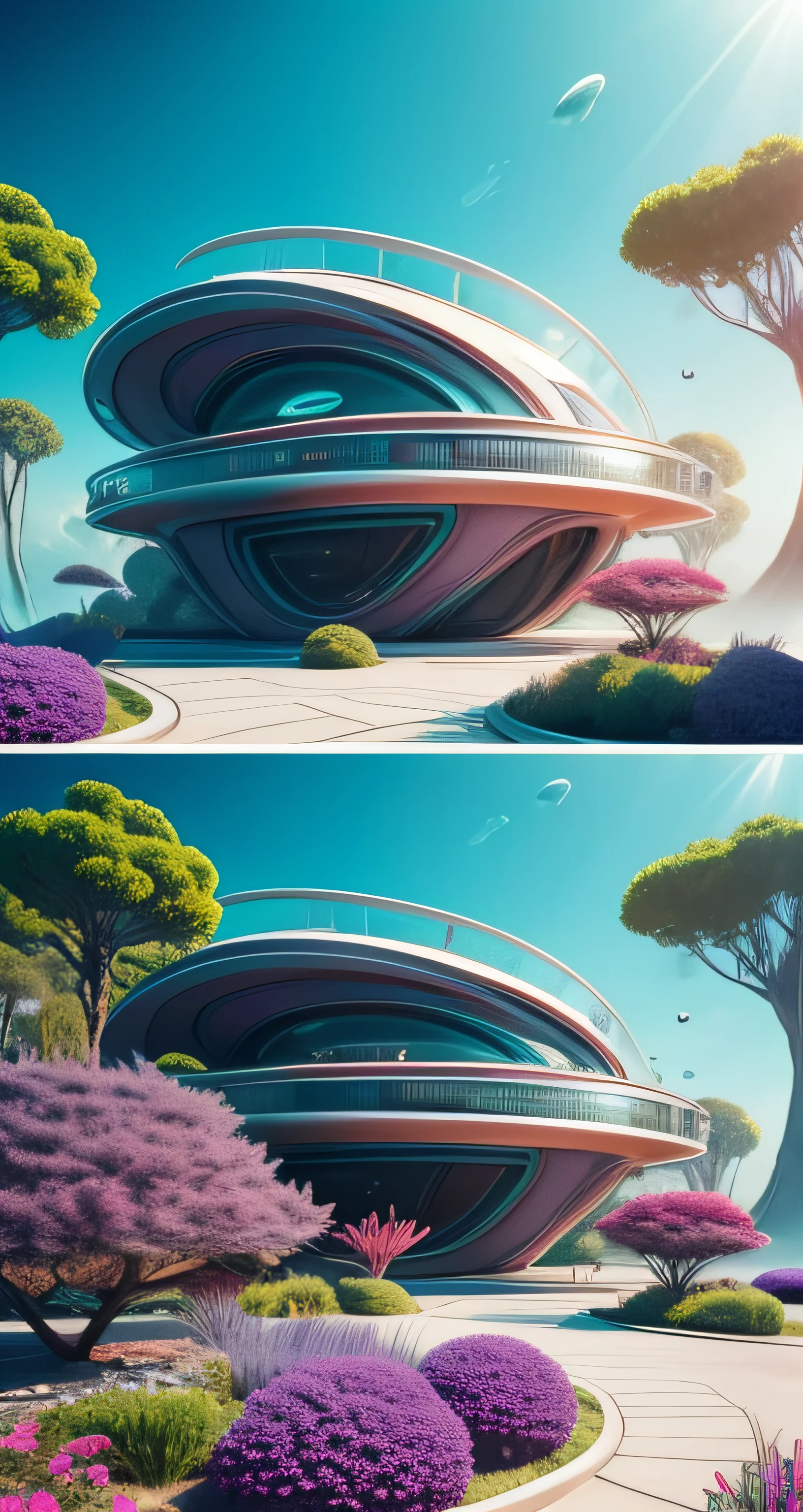 Alien world underwater metal sci-fi Alien style house with oval forms vivid colors, Turquoise sky, purple shrubs and trees