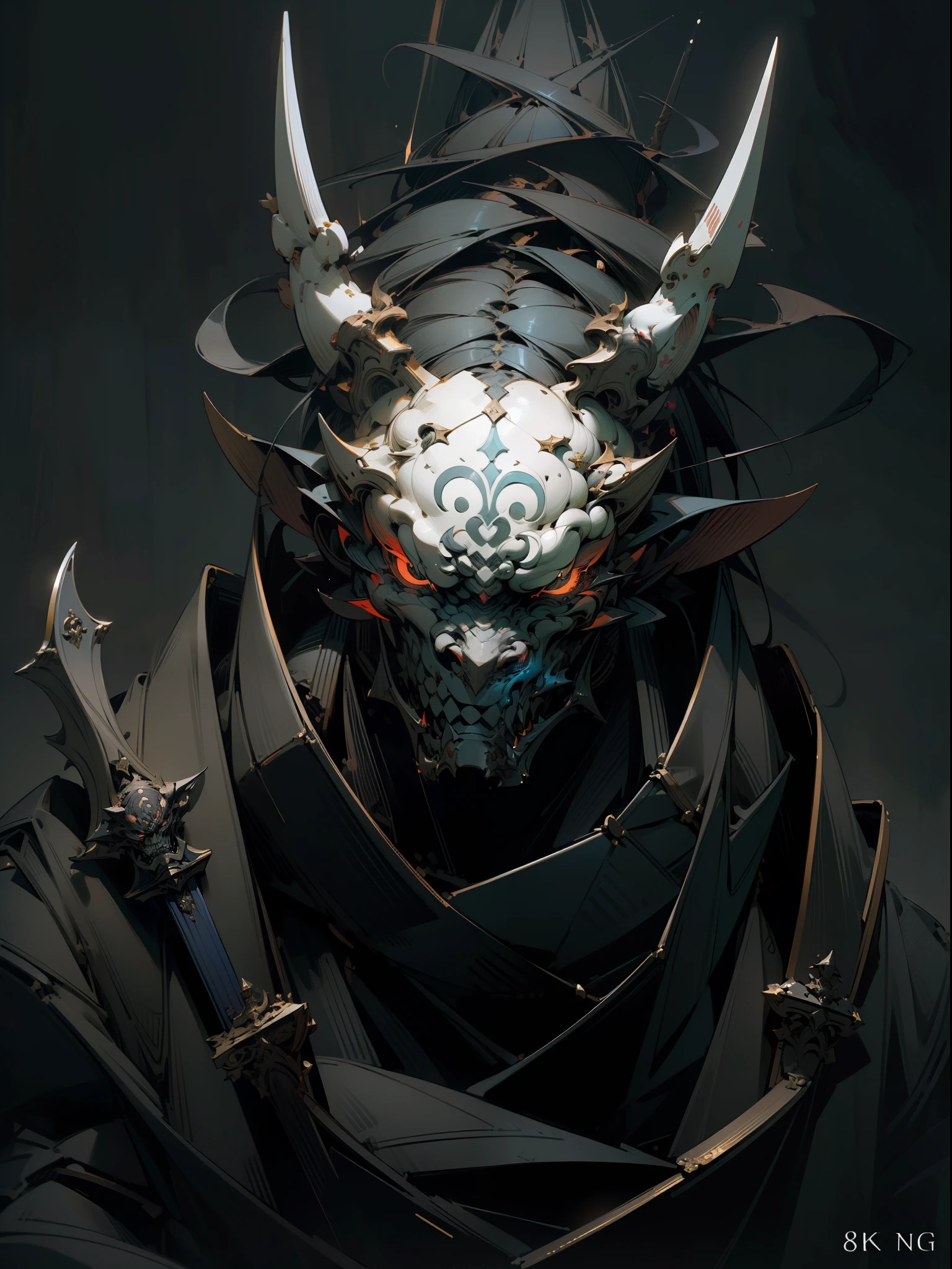 (((Masterpiece))),(((Best quality))),(((Amazing detail))),((illustration)),((A high resolution)),((8K)),Hannya mask,cold tone,cool,Blue Ambiance,jump,function style,dark style,dark fantasy,angry,realistic,midnight,chiaroscuro,bokeh,
