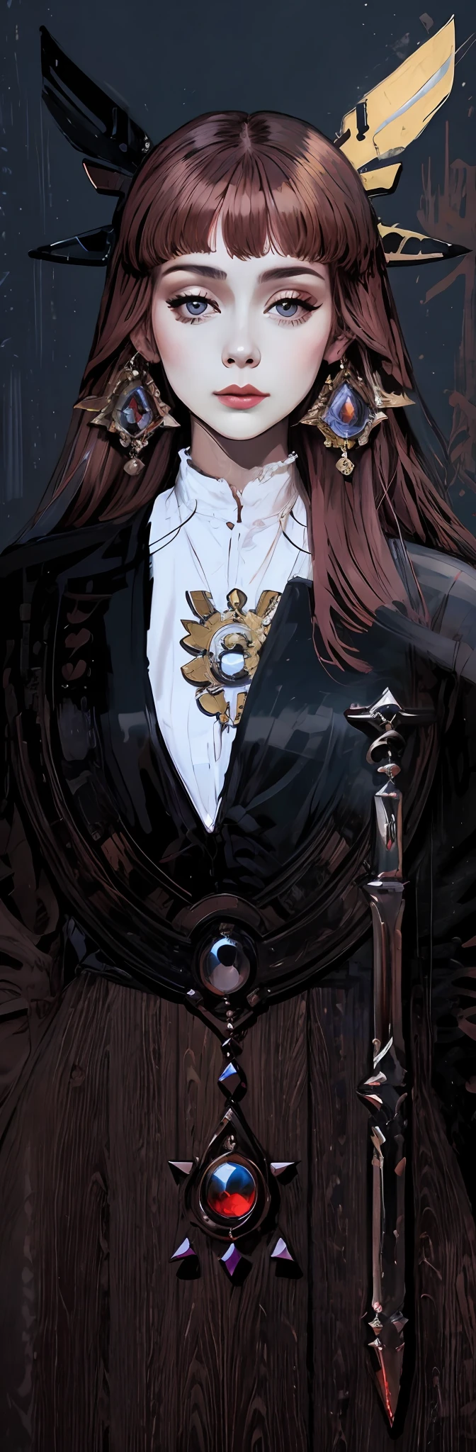A close-up painting in the style of Harry Clark,Photograph a woman holding a knife,Close-ups emphasize the details of the knife,Mysterious and amazing atmosphere。