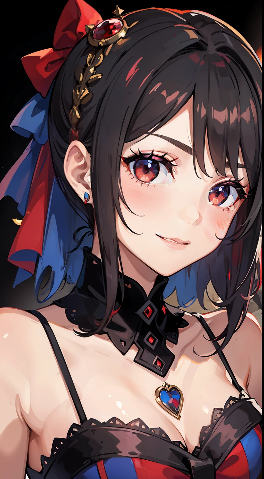 young girl, short black or red hair, The eyes are red, The shape of the royal jester, ssmile, clown makeup, Masterpiece, hiquality