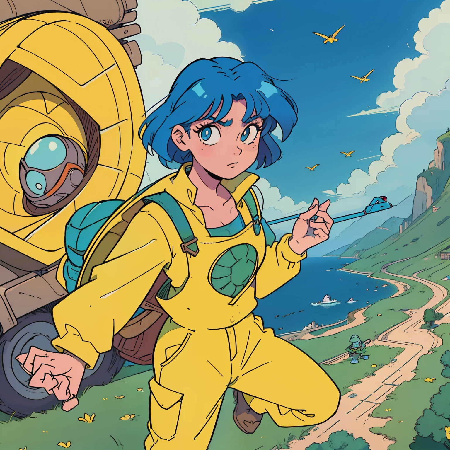 A woman in yellow overalls talking to a teenage mutant, anthropomorphic turtle humanoid, 80s desenho animado, mulher, hot reptile humanoid, anthropomorphic turtle hero, estilo michaelangelo, as an anthropomorphic turtle, Desenho animado dos anos 1980, as a retrofuturistic heroine, desenho animado dos anos 90, Desenho animado dos anos 90