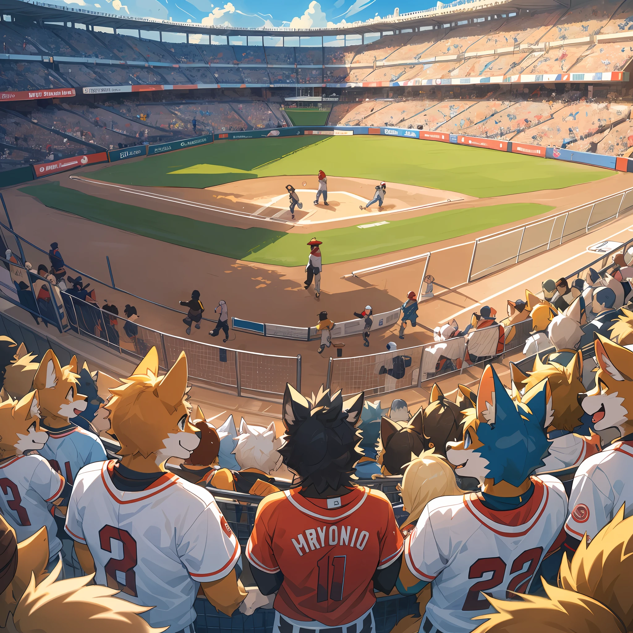 top quality, best quality, High-quality illustrations, masterpiece, super high resolution, detailed background, detailed background, Watching Baseball, group shot, 6+boys, 6+girls, Happy, joyful, absurdres(highly detailed beautiful face and eyes)perfect anatomy(Photos taken with friends)(kemono, furry anthro),