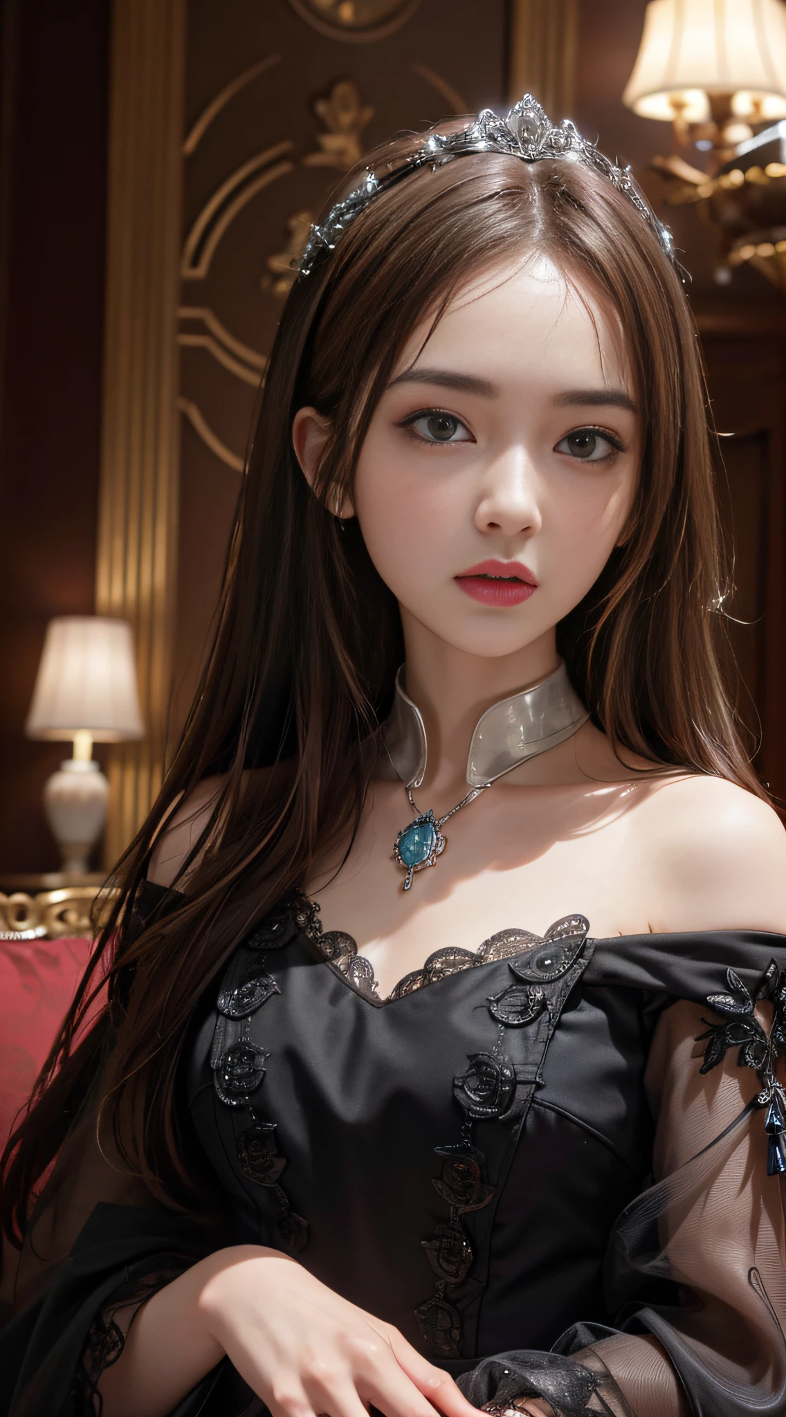 (Ultra Real), (photorealistic) (High Resolution), (8K), (Very Detailed), (hyperdetailed), (Beautiful Detailed Eyes), (Best Quality), (Ultra Detailed), (Detailed Face), (depth of field), (cinematic look), (high detailed skin:1.2), (HDR), RAW photo, dslr, soft lighting, Fujifilm XT3, sharp focus, masterpiece, absurdres, incredibly absurdres, best quality, lodress, 1girl, slim, expressionless, looking at viewer, detailed background, sitting, indoors, palace, luxury decorations, kpop idol