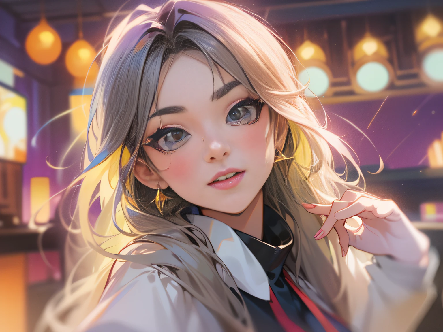 great clarity，8K，(one girl)，(high saturated),Beautiful and delicate big eyes，There is a look，dual horsetail， (Fashionable clothing)，（masterpiece），high qulity，Colorful sunset，There are shooting stars，Beautiful and aesthetic，Eyebrows are visible through the hair，beauty breast，big breasts enchanting，Detail portrays the face