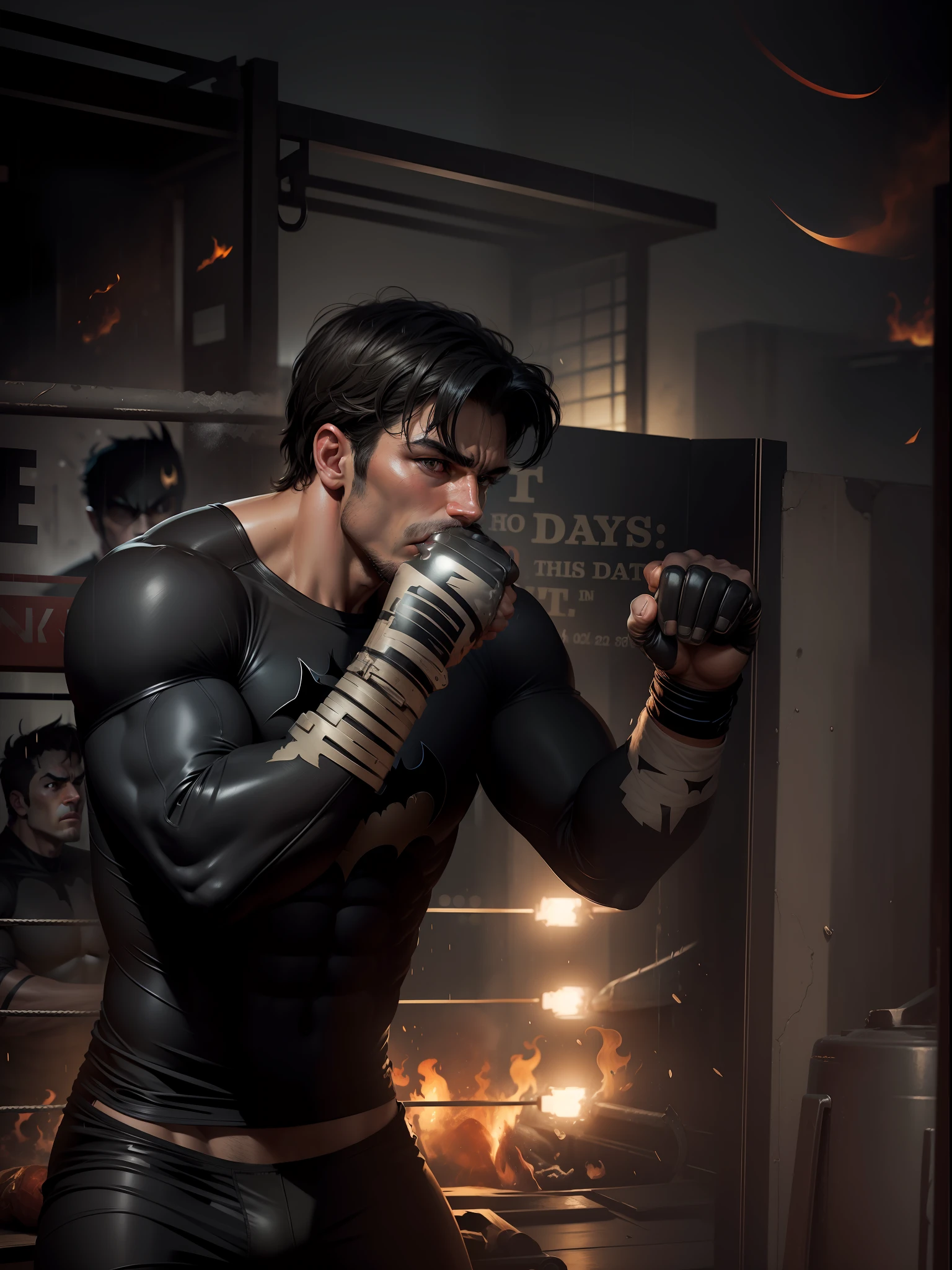 Change background , make a boxer , add some fire, add some texture,  make it realistic, make it darker, it should look like batman , make realistic handsome ,add rain ,add some fogg ,it should be look like me on black t shirt