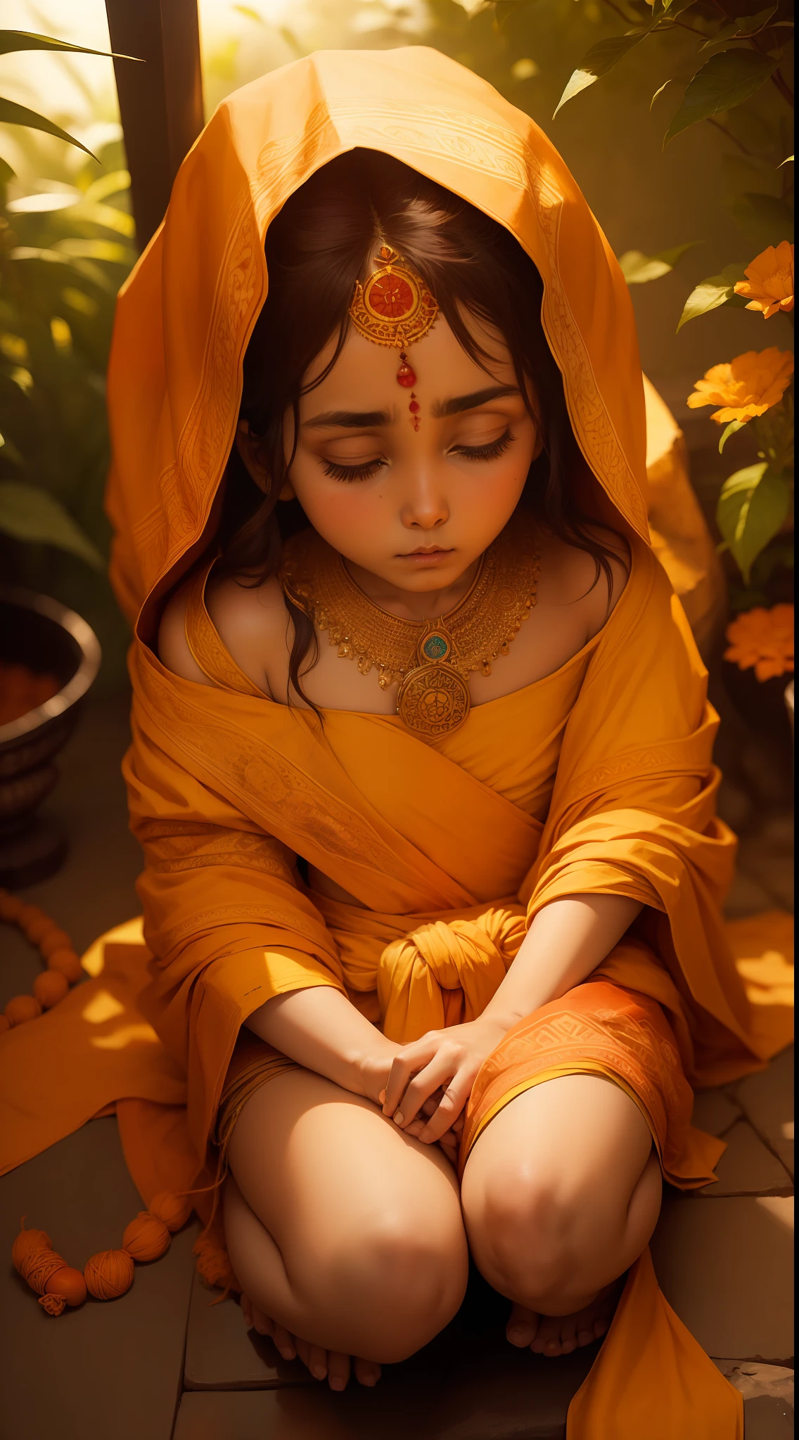 In the serene setting of an ancient temple courtyard, there stands a young Sanatani girl, no older than ten years. The girl is dressed in traditional saffron-colored robes, typical of a sadhu, which flow loosely around his small frame. The fabric carries a few visible signs of wear and tear, a testament to the gir's humble and ascetic lifestyle.

His big, innocent eyes are a deep shade of brown, and they carry a profound sense of wisdom and compassion beyond his years. The loss of his parents at a young age has left a touch of sorrow lingering in his gaze, yet it is juxtaposed with an underlying sense of spiritual serenity that resonates with the teachings of his Sanatana Dharma.

On his forehead, a vermilion tilak adorns his skin, marking his devotion to his faith. A simple rudraksha mala (prayer beads) hangs around his neck, symbolizing his connection with the divine and the cyclical nature of life.

His hands, though small, are adorned with intricate mehndi designs, showcasing the artistry and creativity that he might have picked up from his fellow sadhus or gurus. Each pattern tells a unique story, and the girl takes pride in sharing them with the visitors who seek his blessings.

Sitting in a meditative pose, he exudes an aura of tranquility, as if he has achieved a level of spiritual enlightenment beyond his age. His legs are crossed, and his palms rest gently on his knees, radiating warmth and compassion to anyone who approaches him.

Surrounding the girl, the temple courtyard is adorned with marigold garlands, incense sticks that emit a subtle fragrance, and soft rays of sunlight that filter through the ancient stone pillars. Peacocks occasionally roam the courtyard, adding a touch of vibrant colors to the otherwise somber environment.

This sadhu little Sanatani girl has become a symbol of hope and devotion, touching the hearts of those who encounter him and reminding them of the profound essence of faith, compassion, and the pursuit of spiritual knowledge.