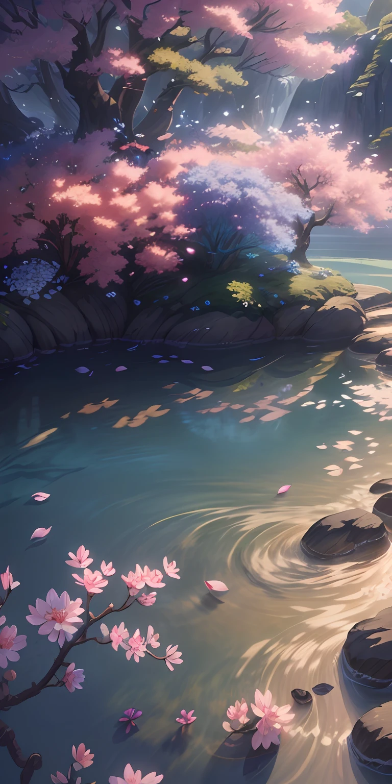 Masterpiece, best quality, (very detailed CG unity 8k wallpaper) (best quality), (best illustration), (best shadows) Nature', blue sea,delicate leaves petals of various colors falling in the air light Tracking, super detailed --v6