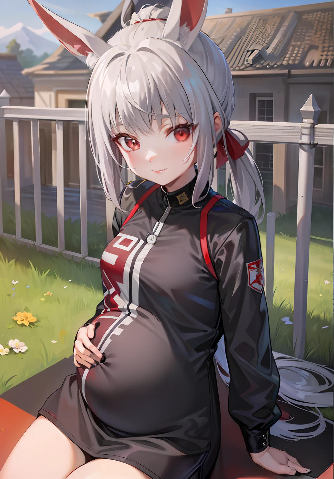 tmasterpiece，The best quality，A girl sits on a fence，Fusion，Adjust hair，red eyes，Gray hair，pony tails，grey eyelash，black uniforms，black glove，looking at the distance，look from down，Pregnant belly, Maternity wear，Maternity wear，Pregnant belly，Pregnant belly