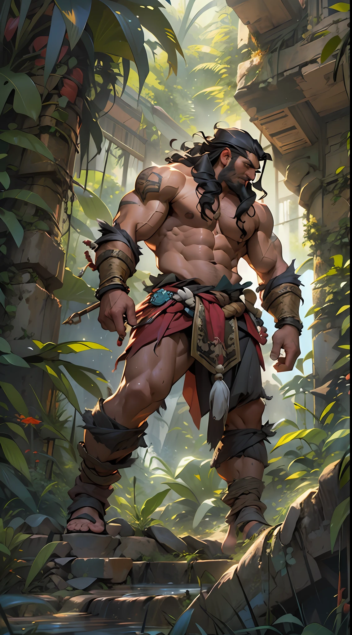Muscular barbarian, partially upper body, lower body uncovered from thighs to feet, bearded with beads, long flowing curls, intricate muscular details, photorealistic artwork, 4K quality. Background: Dense jungle with ancient ruins,32k uhd, best quality, masterpiece, super detail, high details
